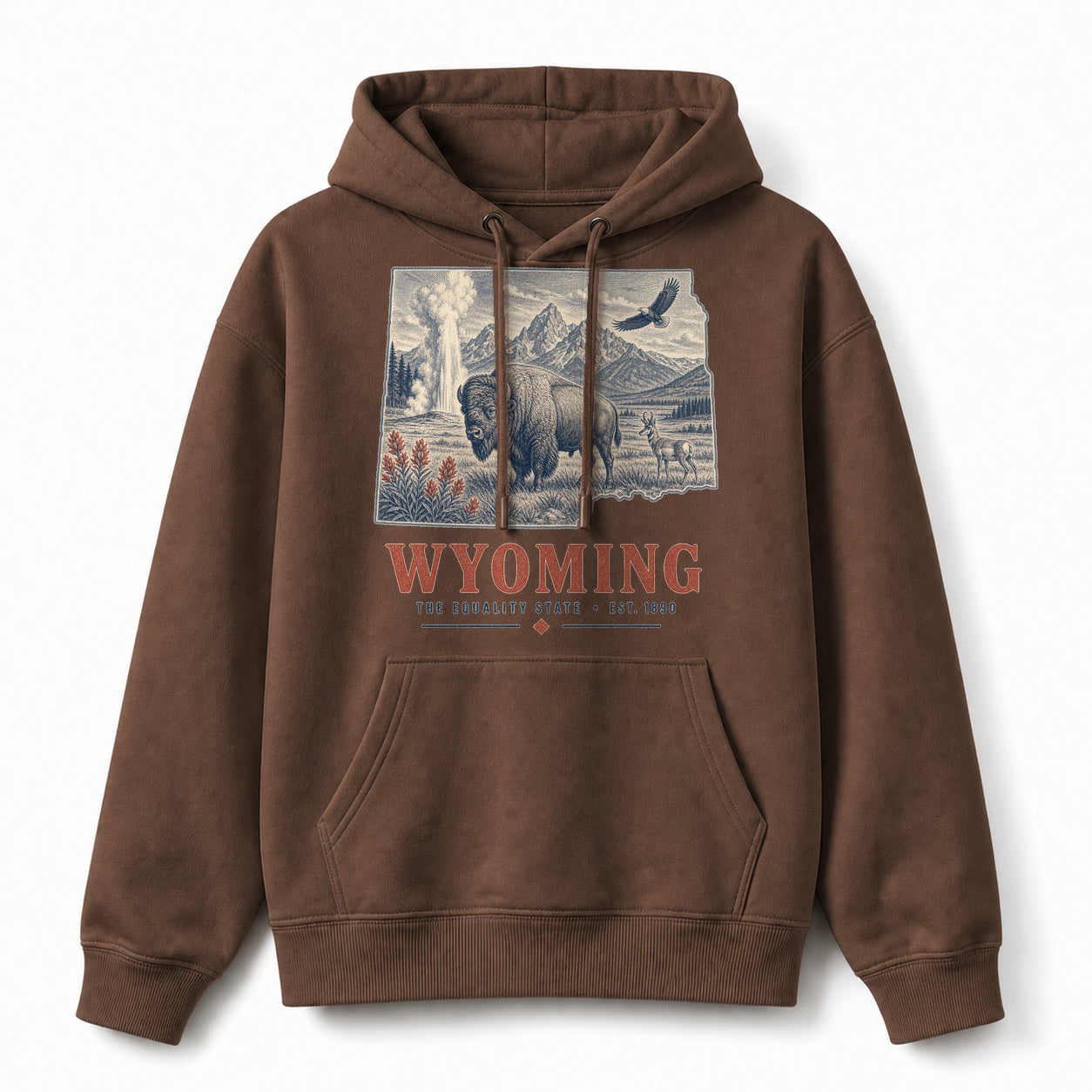 Vintage Wyoming State Graphic Pullover Hoodie in Coffee Brown, front view on a white background