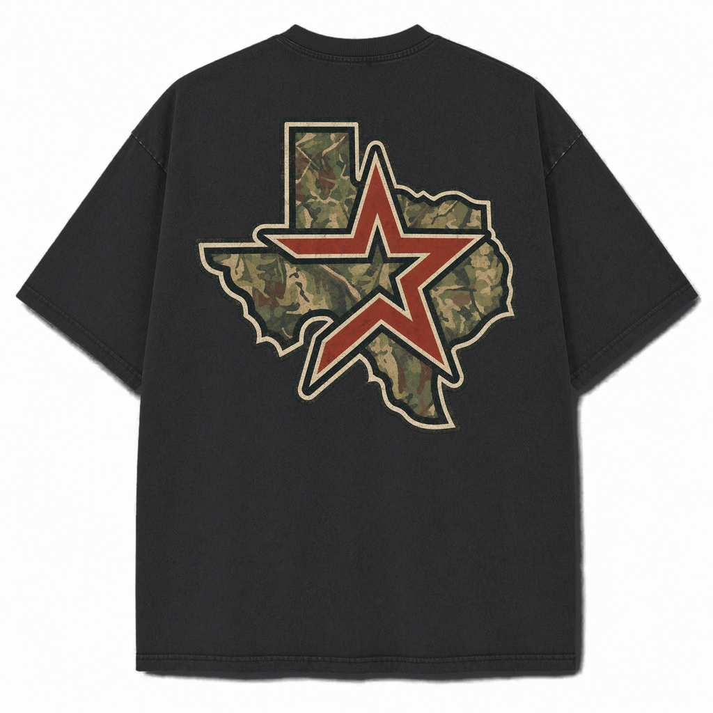 Houston camouflage vintage washed heavyweight T-shirt in Black, back view