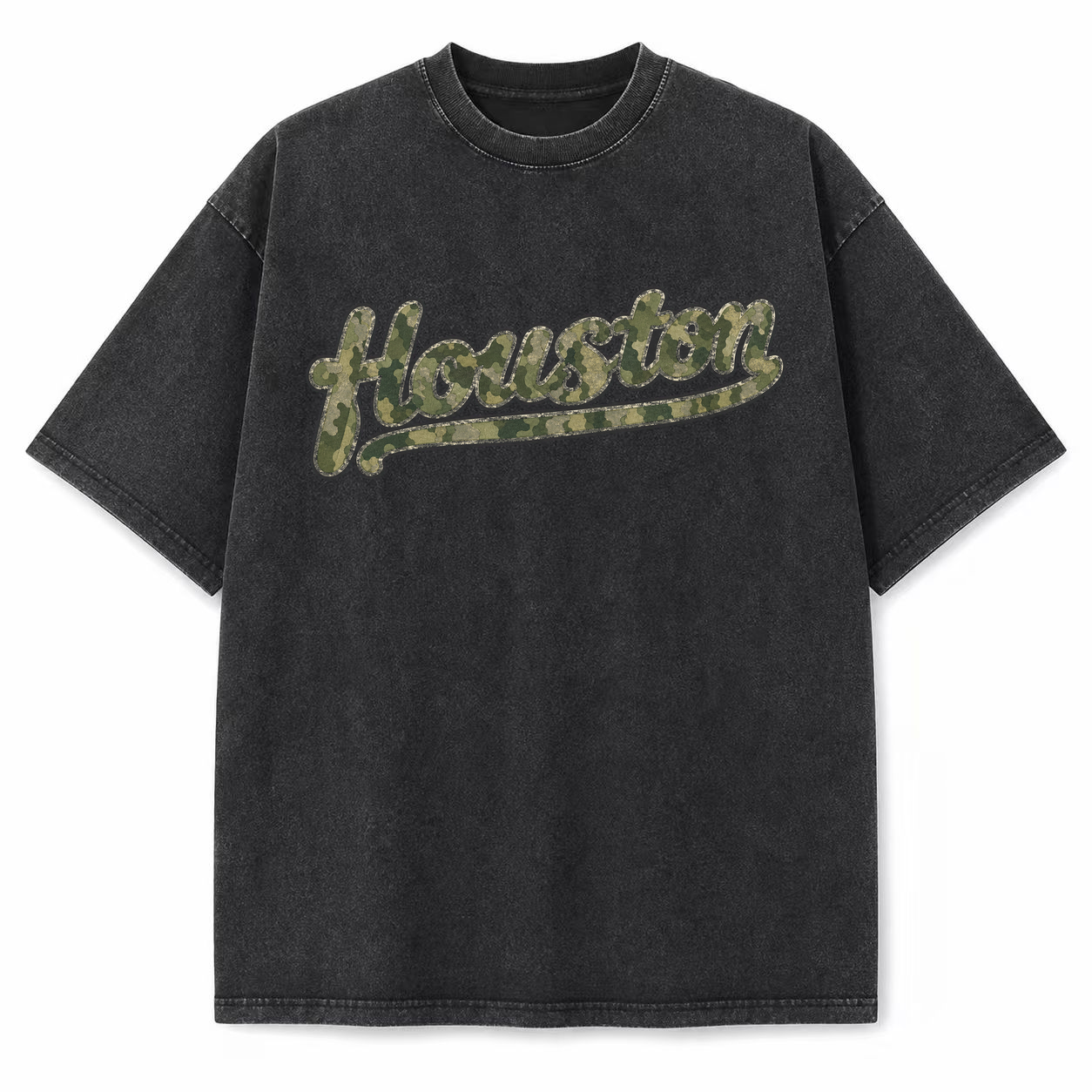 Houston camouflage vintage washed heavyweight T-shirt in Black, front view