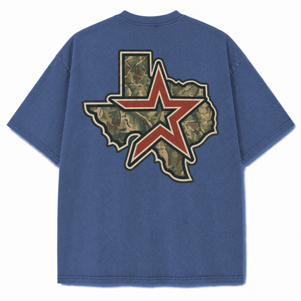 Houston camouflage vintage washed heavyweight T-shirt in Blue, back view