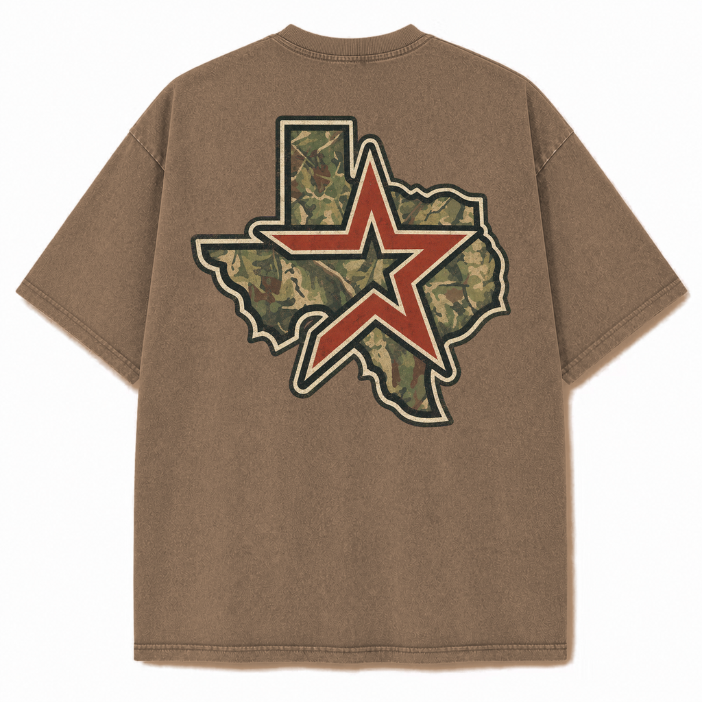 Houston camouflage vintage washed heavyweight T-shirt in Brown, back view