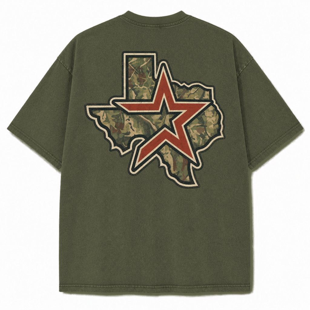 Houston camouflage vintage washed heavyweight T-shirt in Military Green, back view