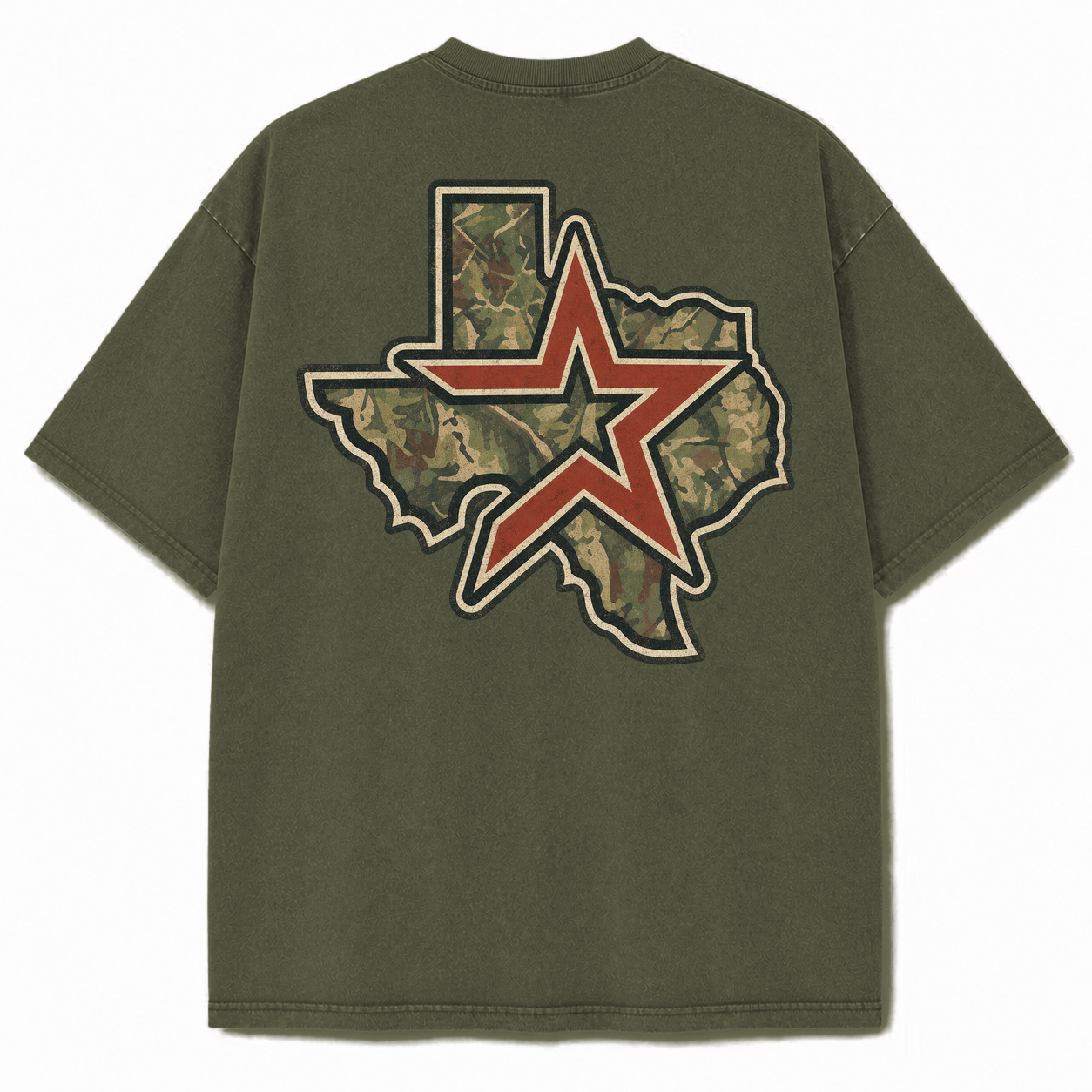 Houston camouflage vintage washed heavyweight T-shirt in Military Green, back view
