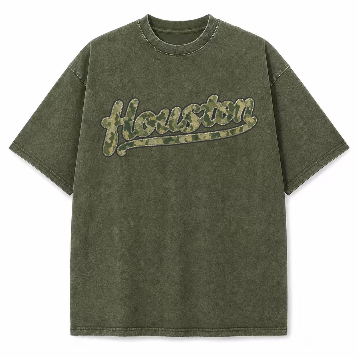 Houston camouflage vintage washed heavyweight T-shirt in Military Green, front view