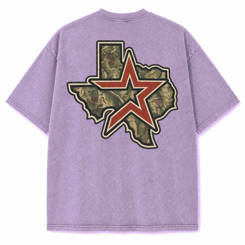 Houston camouflage vintage washed heavyweight T-shirt in Purple, back view