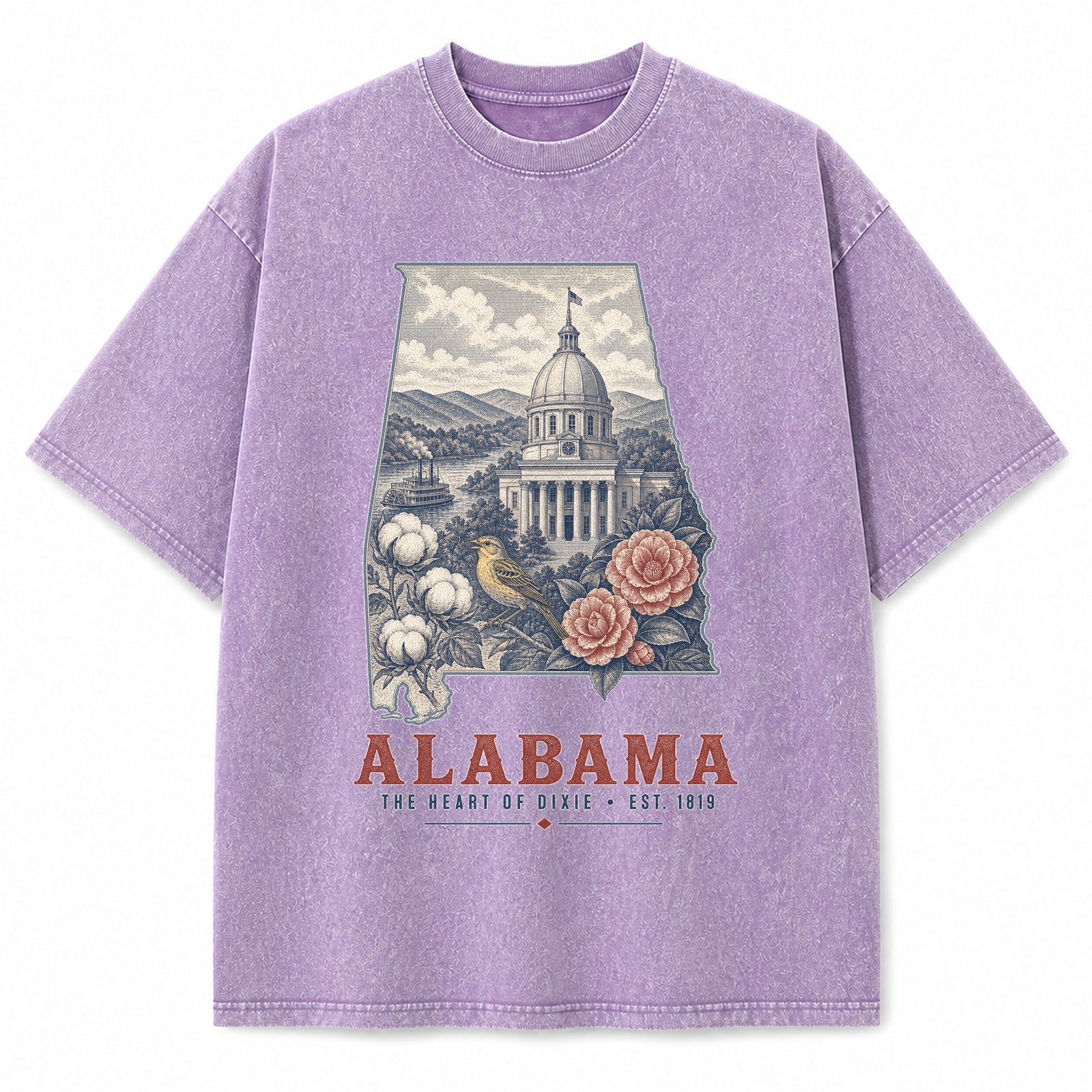 Vintage Washed Alabama Yellowhammer Graphic Tee in Purple, front view on a white background