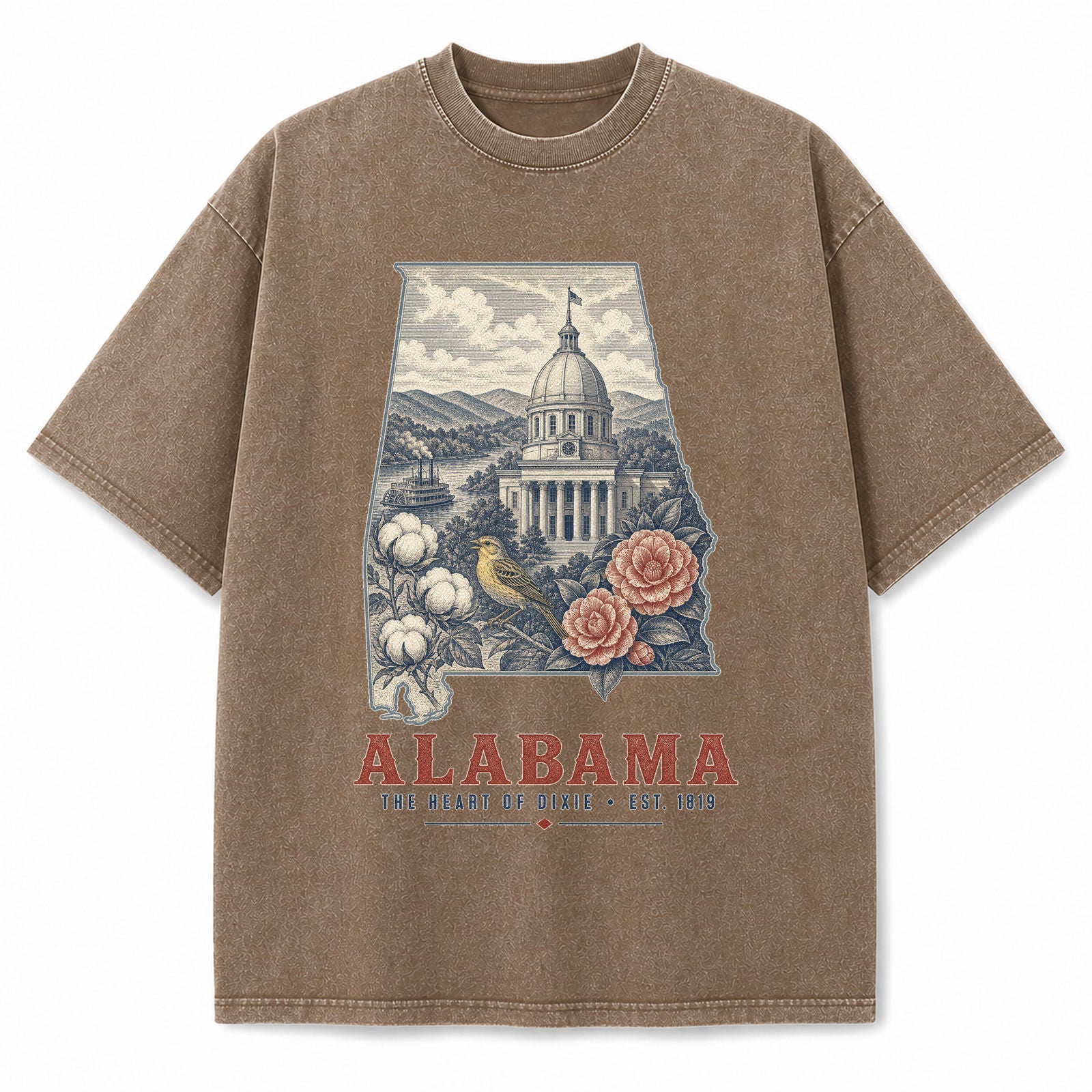 Vintage Washed Alabama Yellowhammer Graphic Tee in Brown, front view on a white background