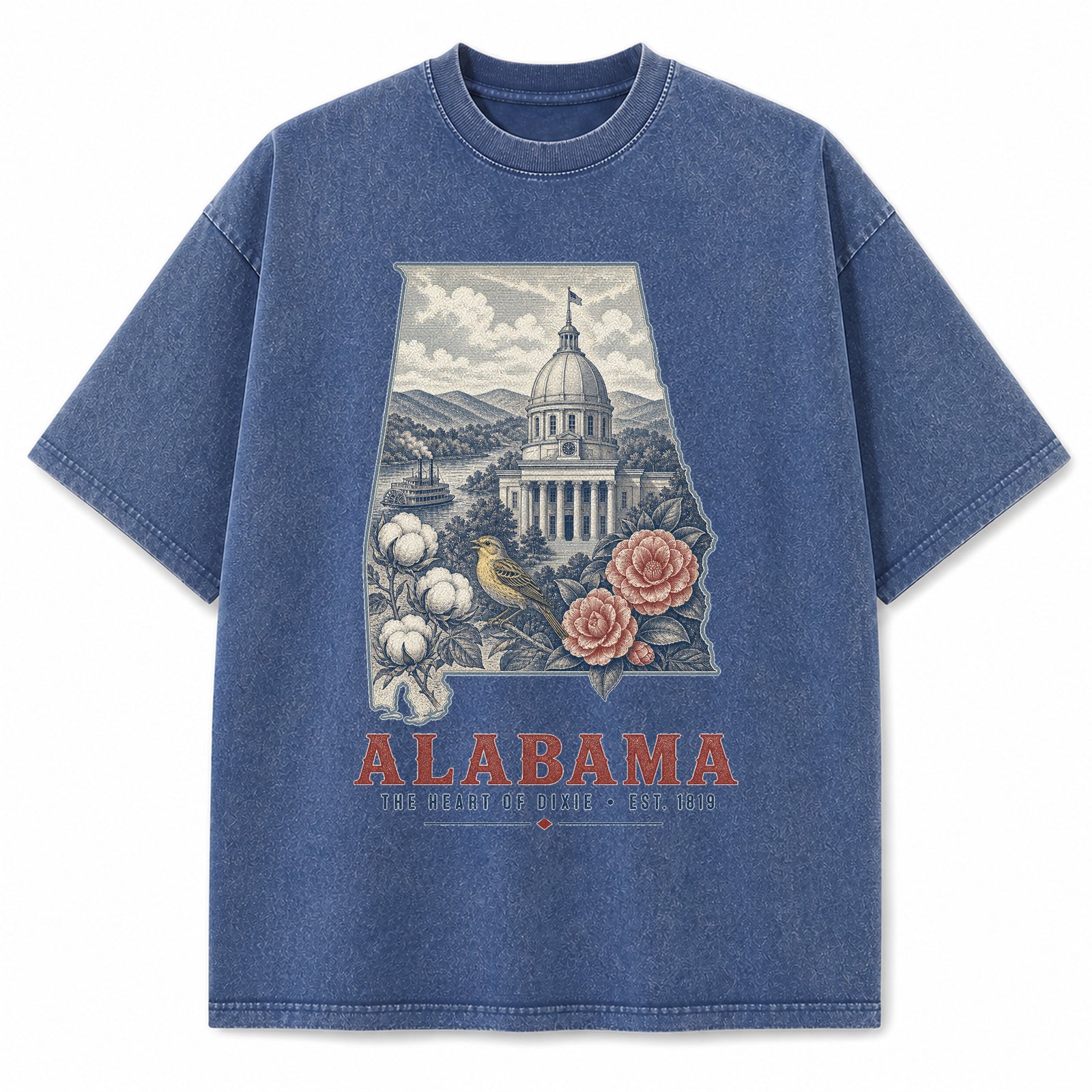 Vintage Washed Alabama Yellowhammer Graphic Tee in Blue, front view on a white background