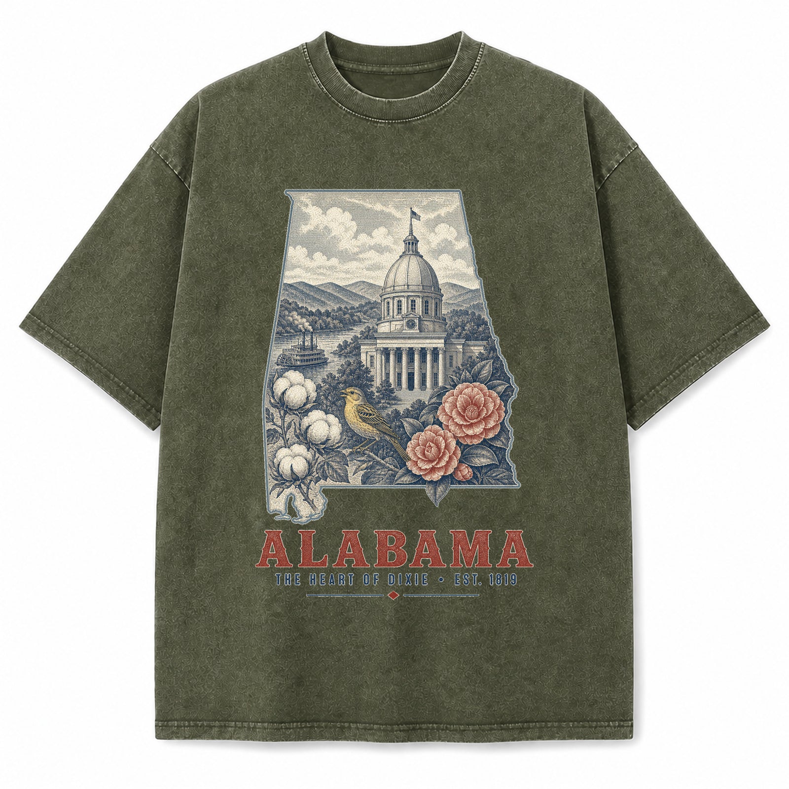 Vintage Washed Alabama Yellowhammer Graphic Tee in Military Green, front view on a white background
