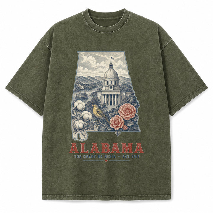 Vintage Washed Alabama Yellowhammer Graphic Tee in Military Green, front view on a white background