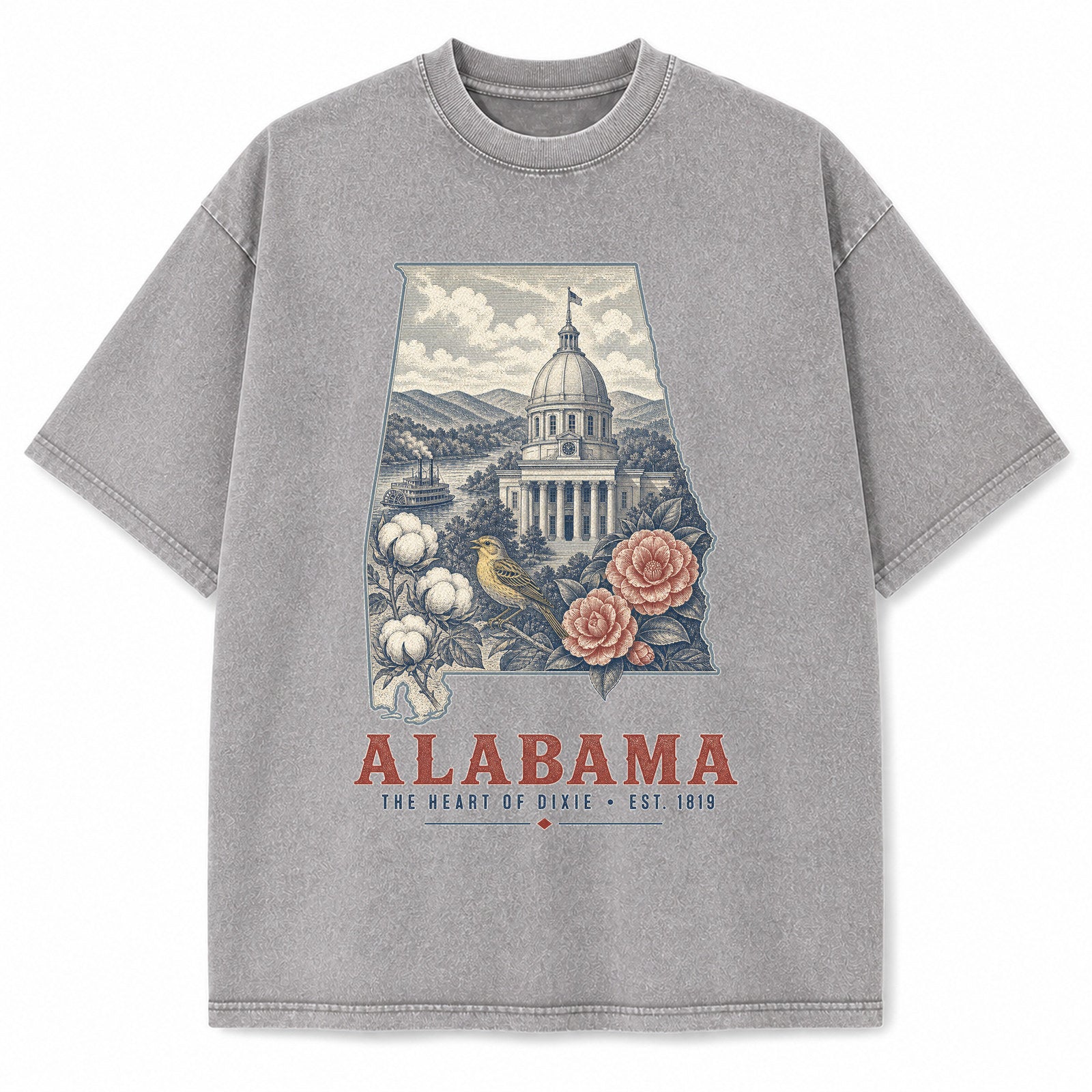 Vintage Washed Alabama Yellowhammer Graphic Tee in Light Gray, front view on a white background