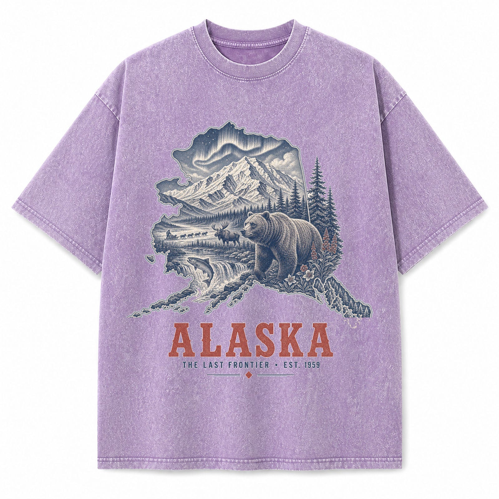 Vintage Washed Alaska Grizzly Bear Graphic Tee in Purple, front view on a white background