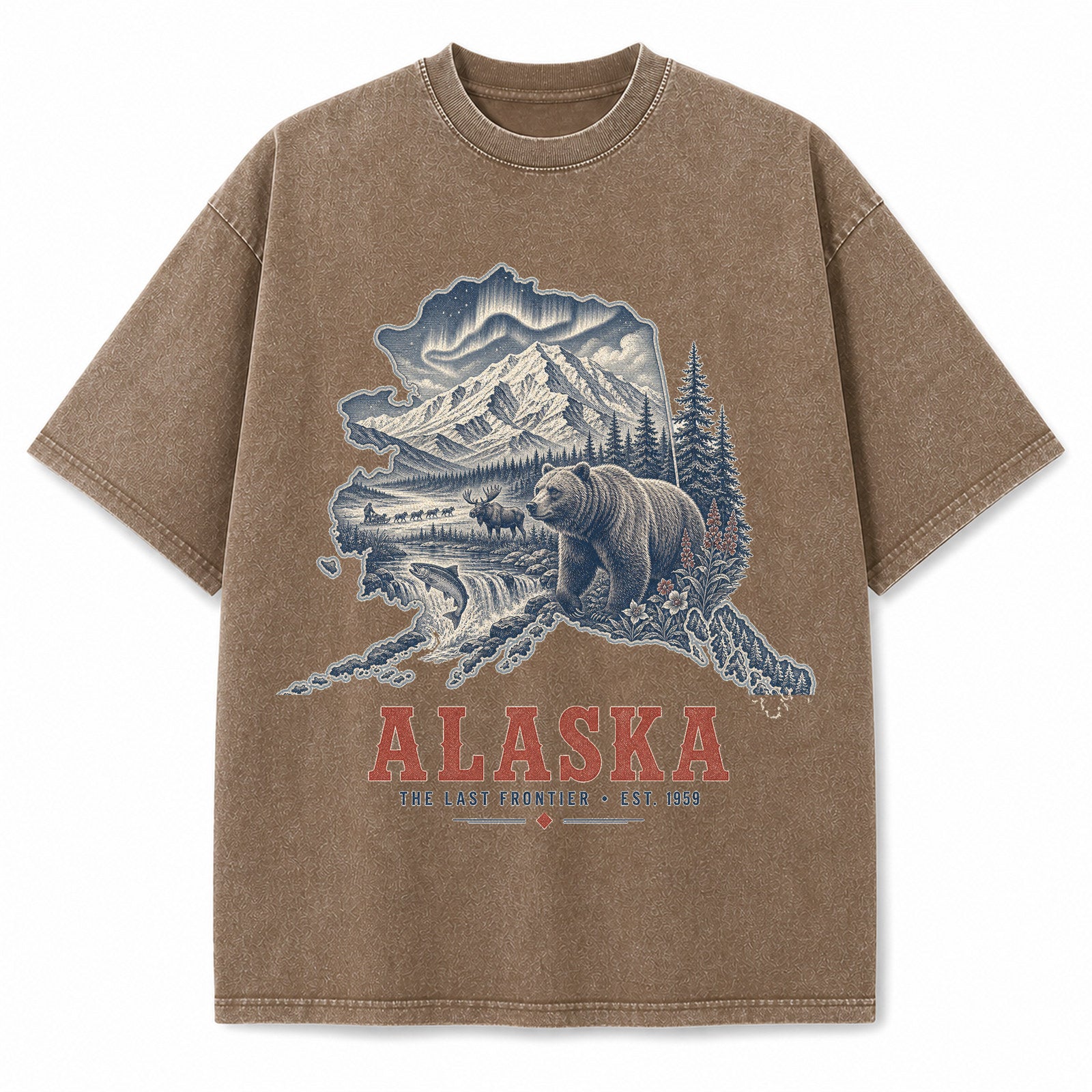 Vintage Washed Alaska Grizzly Bear Graphic Tee in Brown, front view on a white background