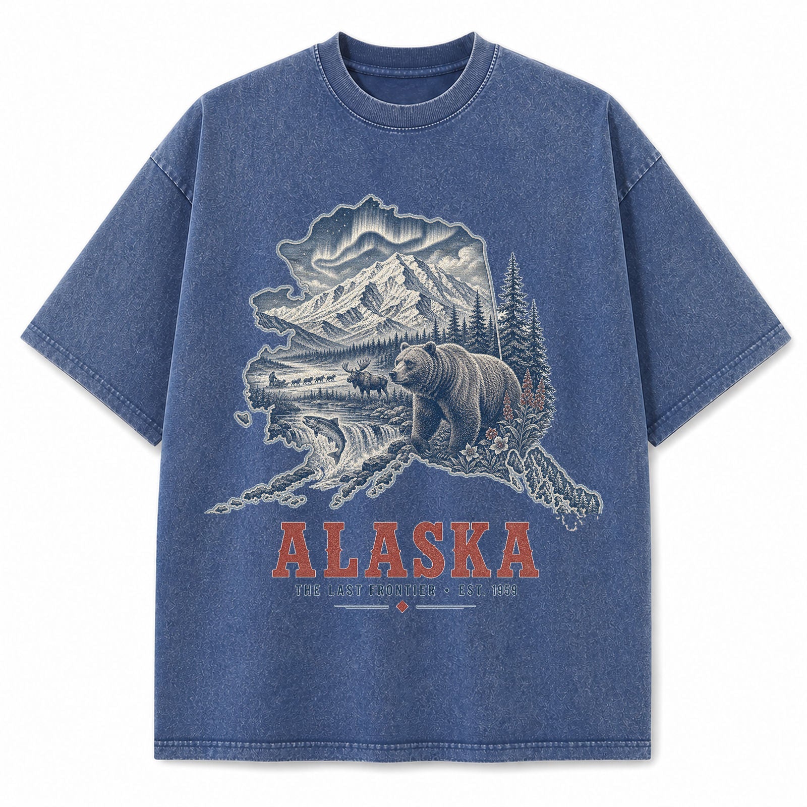 Vintage Washed Alaska Grizzly Bear Graphic Tee in Blue, front view on a white background