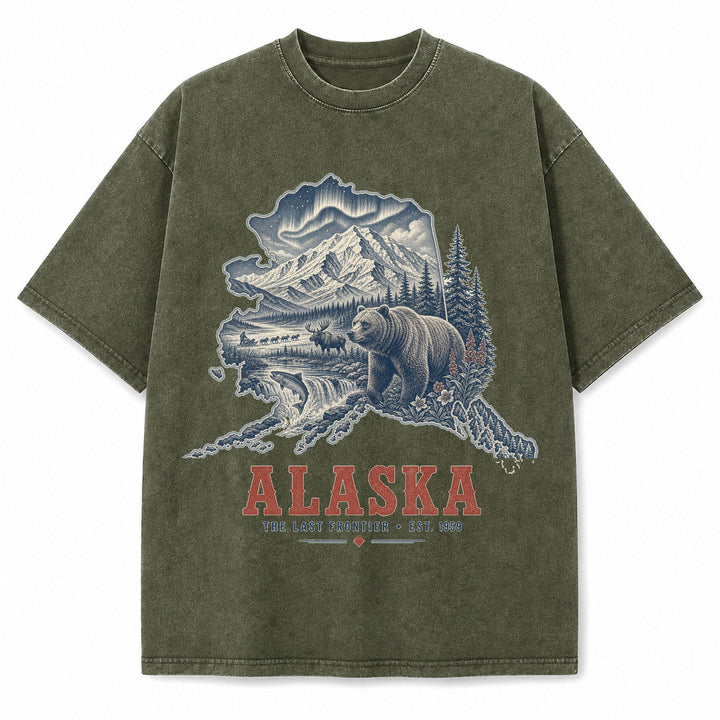 Vintage Washed Alaska Grizzly Bear Graphic Tee in Military Green, front view on a white background