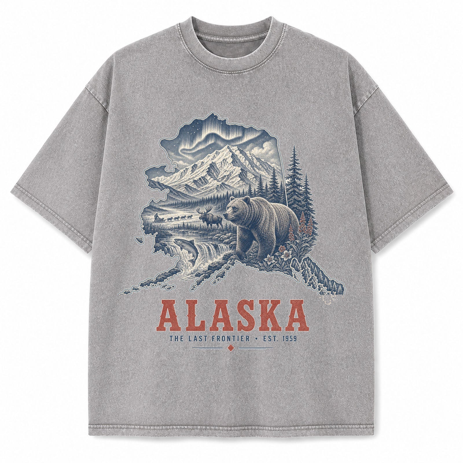 Vintage Washed Alaska Grizzly Bear Graphic Tee in Light Gray, front view on a white background