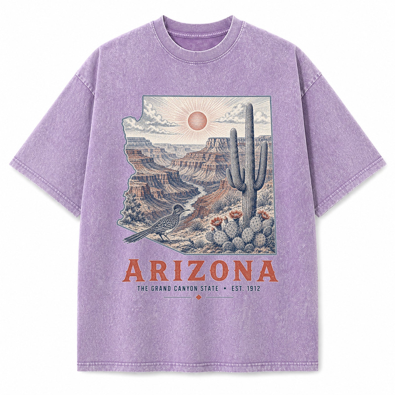 Vintage Washed Arizona Saguaro Graphic Tee in Purple, front view on a white background