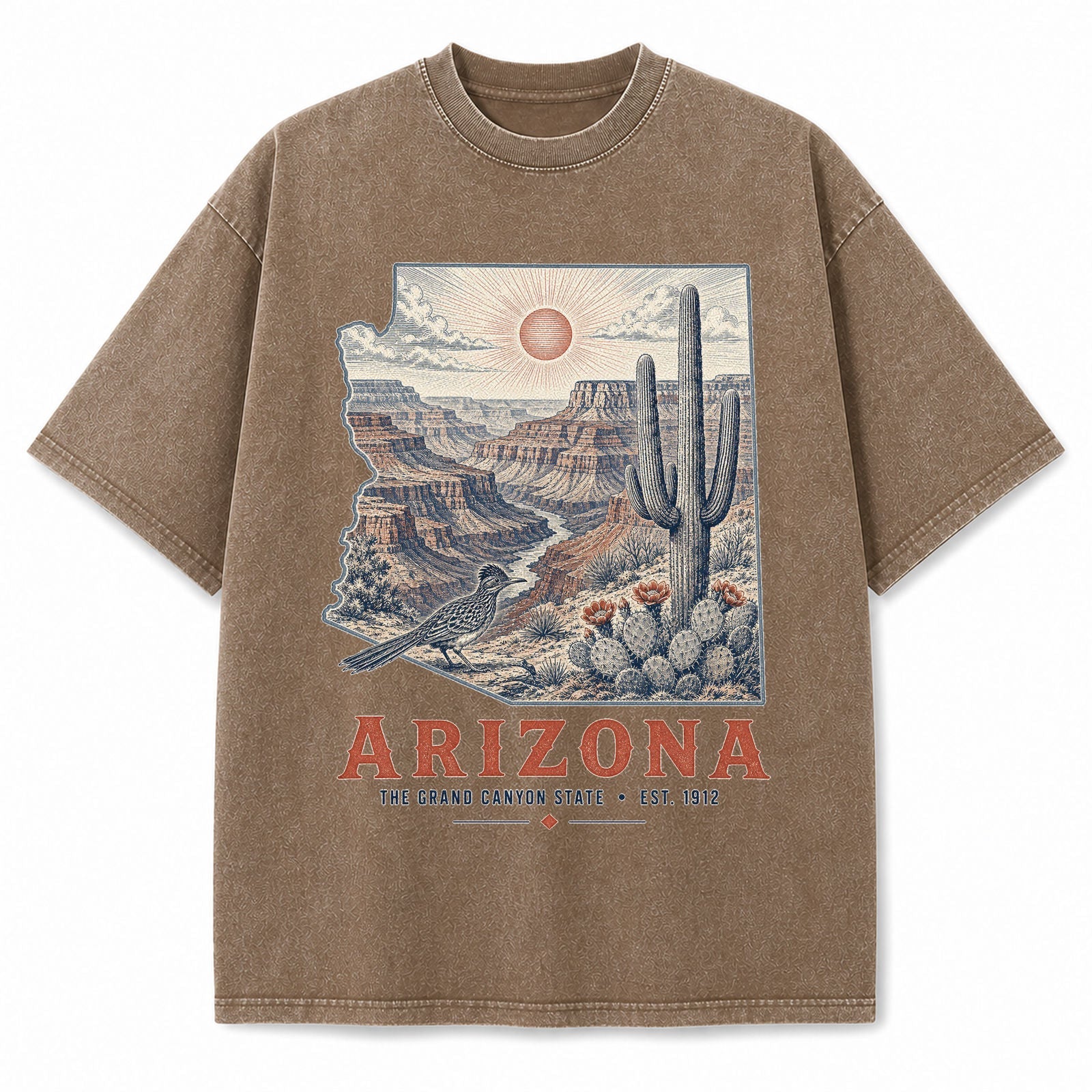 Vintage Washed Arizona Saguaro Graphic Tee in Brown, front view on a white background