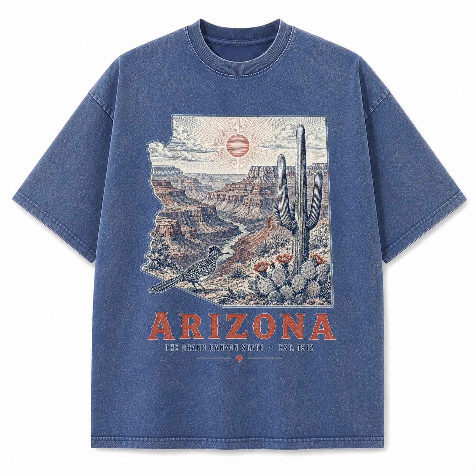 Vintage Washed Arizona Saguaro Graphic Tee in Blue, front view on a white background