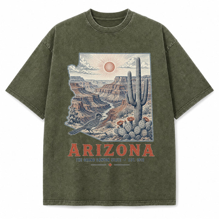 Vintage Washed Arizona Saguaro Graphic Tee in Military Green, front view on a white background