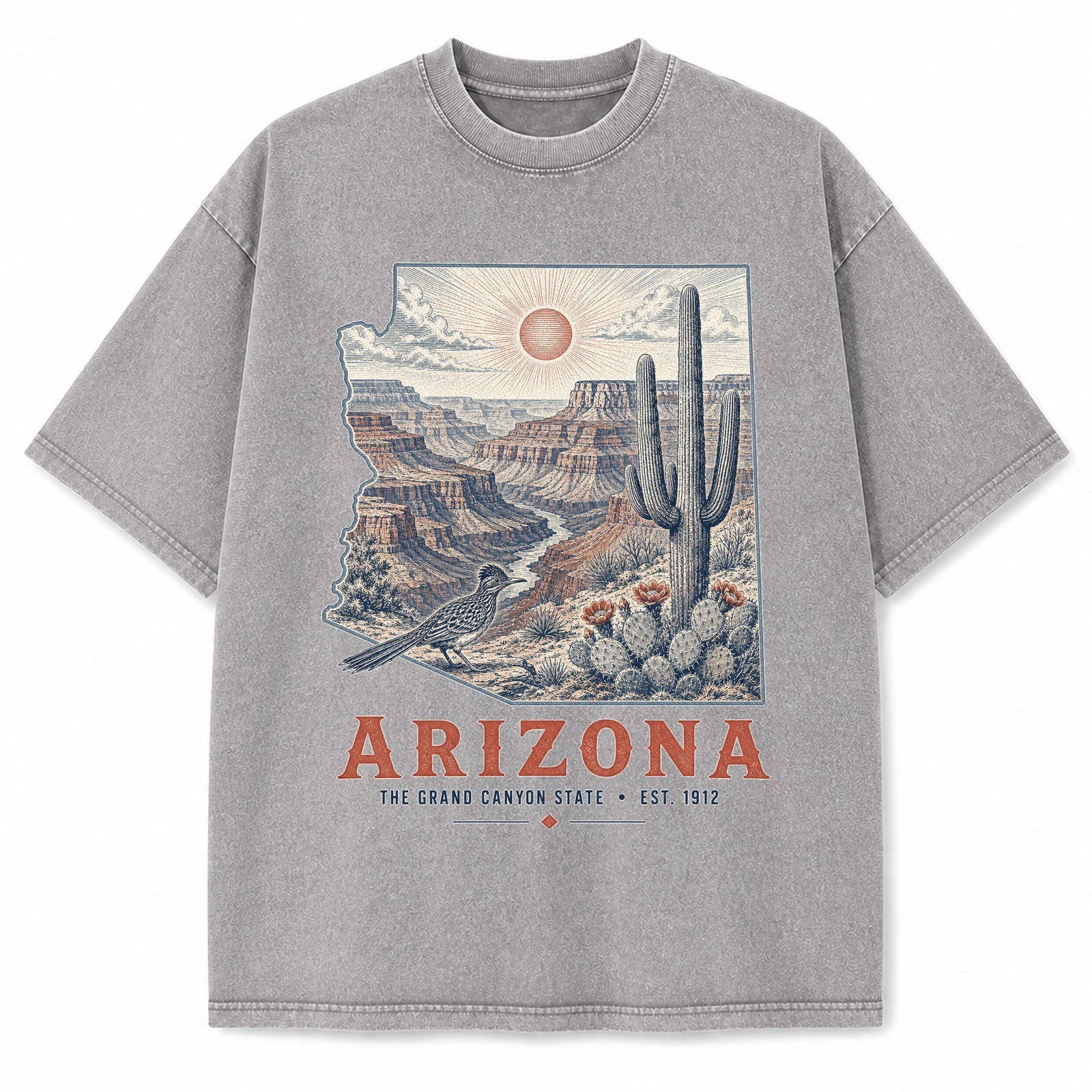 Vintage Washed Arizona Saguaro Graphic Tee in Light Gray, front view on a white background
