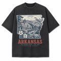 Vintage Washed Arkansas Mockingbird Graphic Tee in Black, front view on a white background