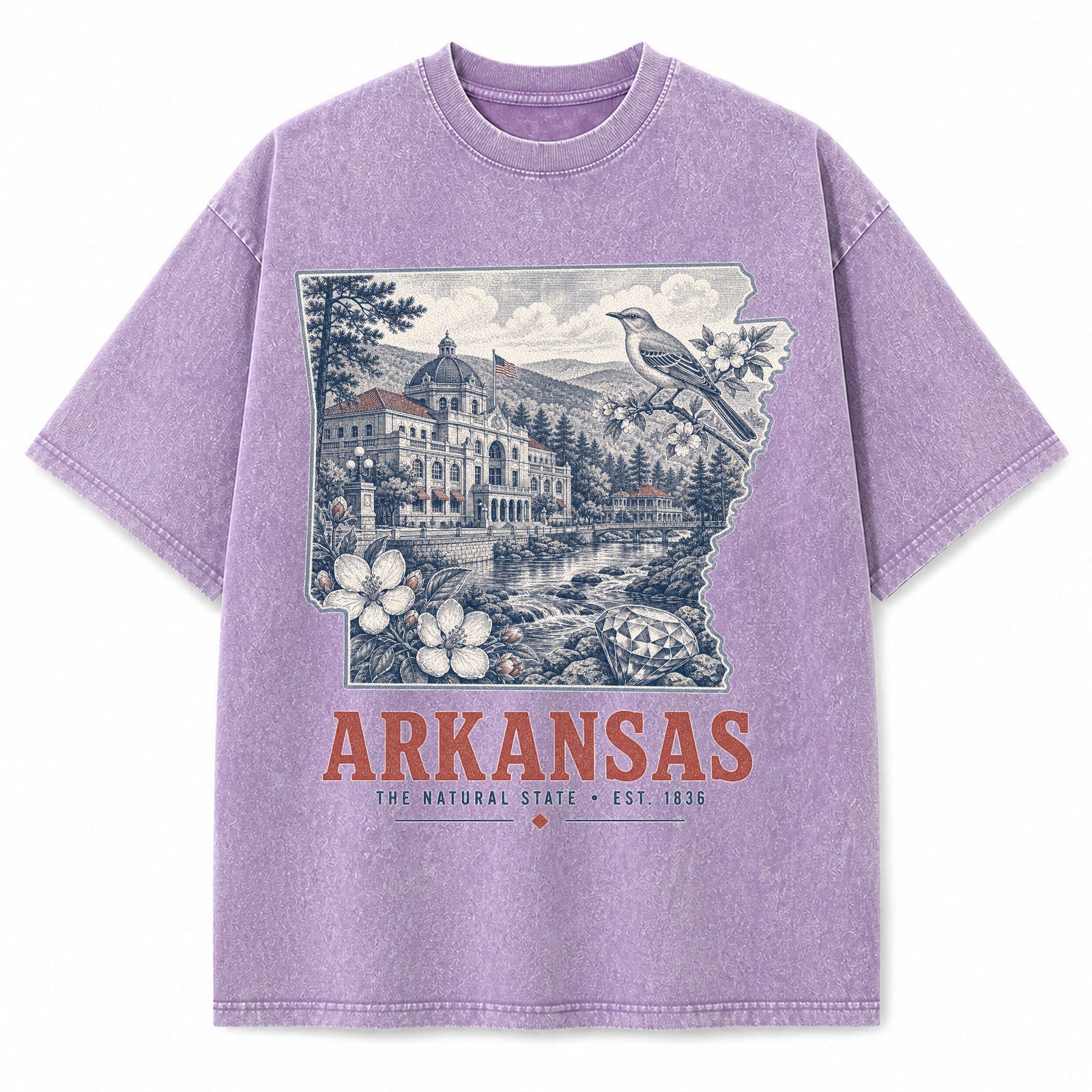 Vintage Washed Arkansas Mockingbird Graphic Tee in Purple, front view on a white background