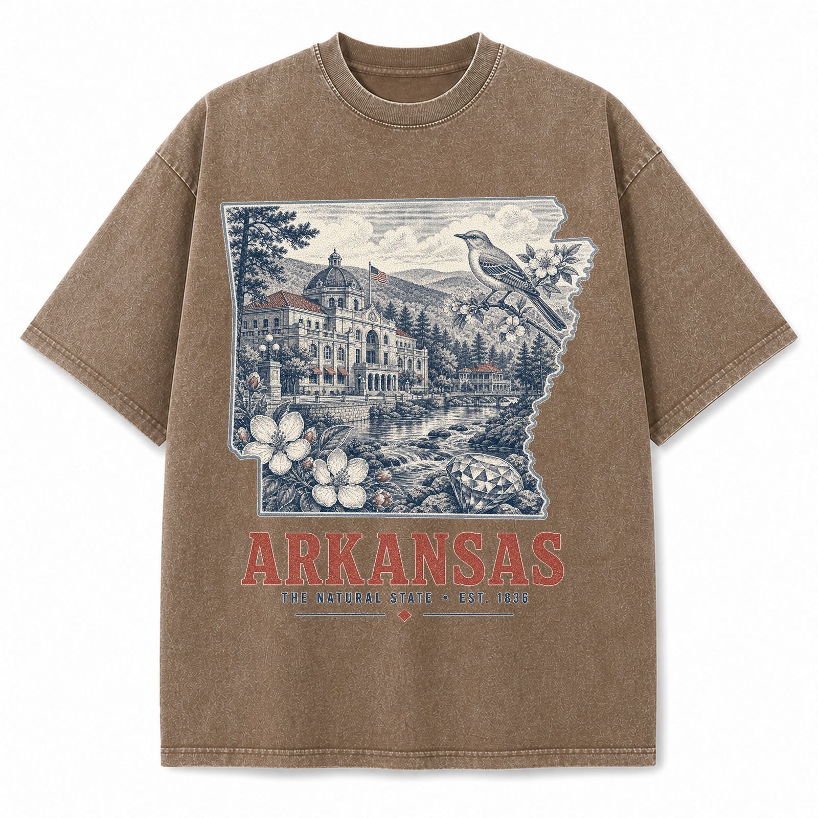 Vintage Washed Arkansas Mockingbird Graphic Tee in Brown, front view on a white background