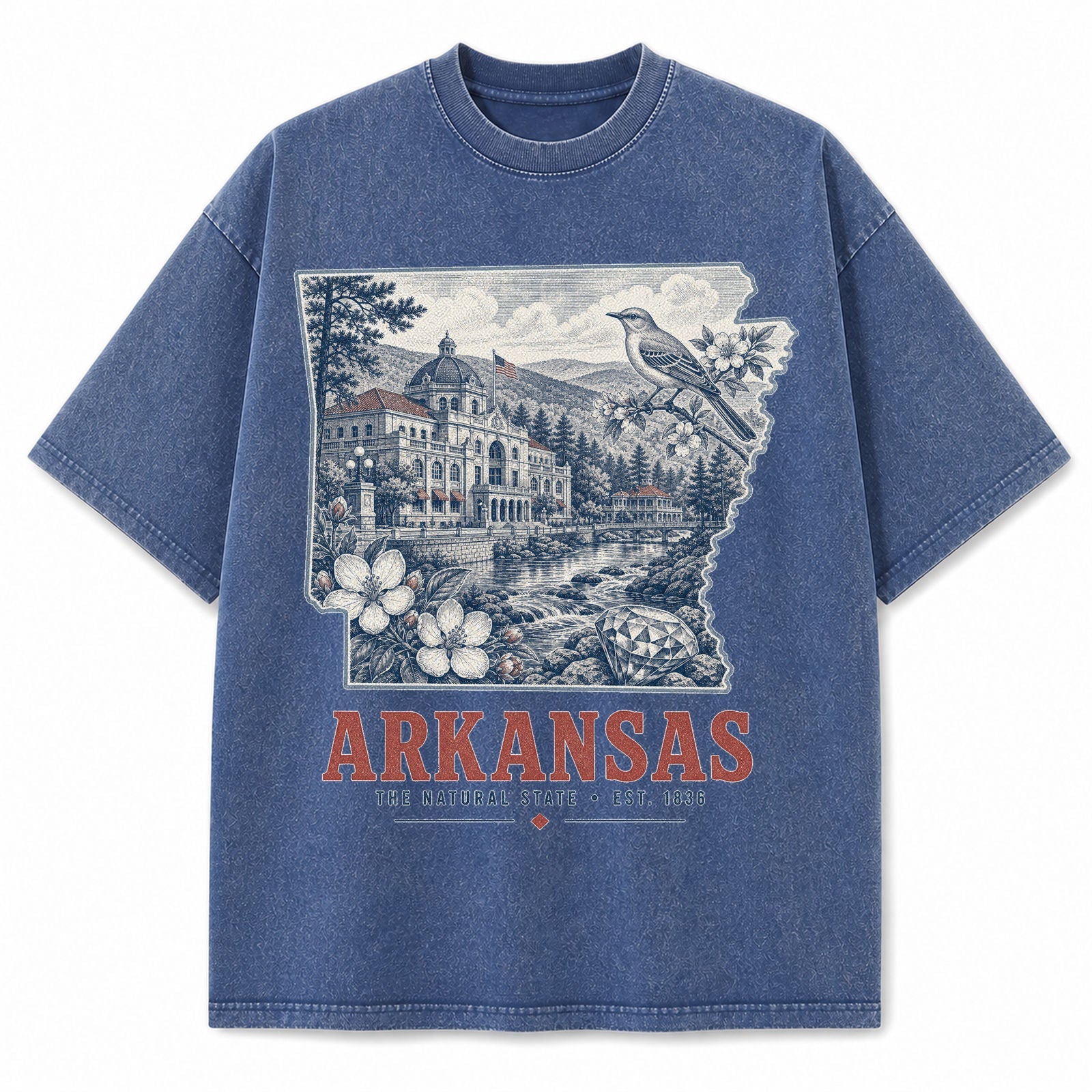 Vintage Washed Arkansas Mockingbird Graphic Tee in Blue, front view on a white background