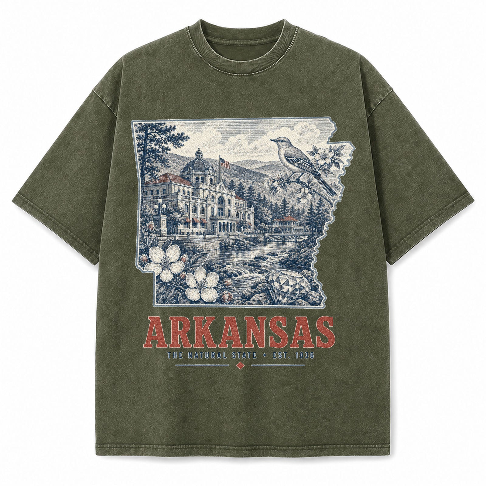 Vintage Washed Arkansas Mockingbird Graphic Tee in Military Green, front view on a white background