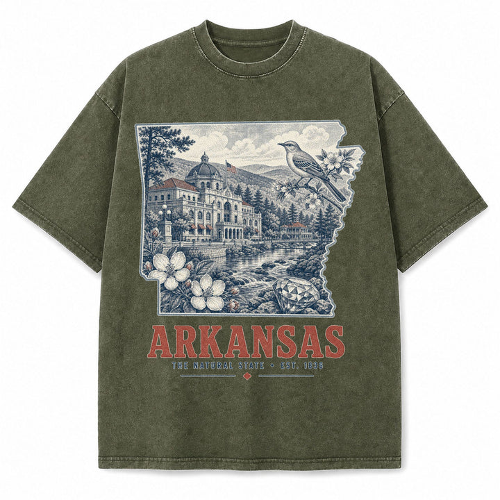 Vintage Washed Arkansas Mockingbird Graphic Tee in Military Green, front view on a white background