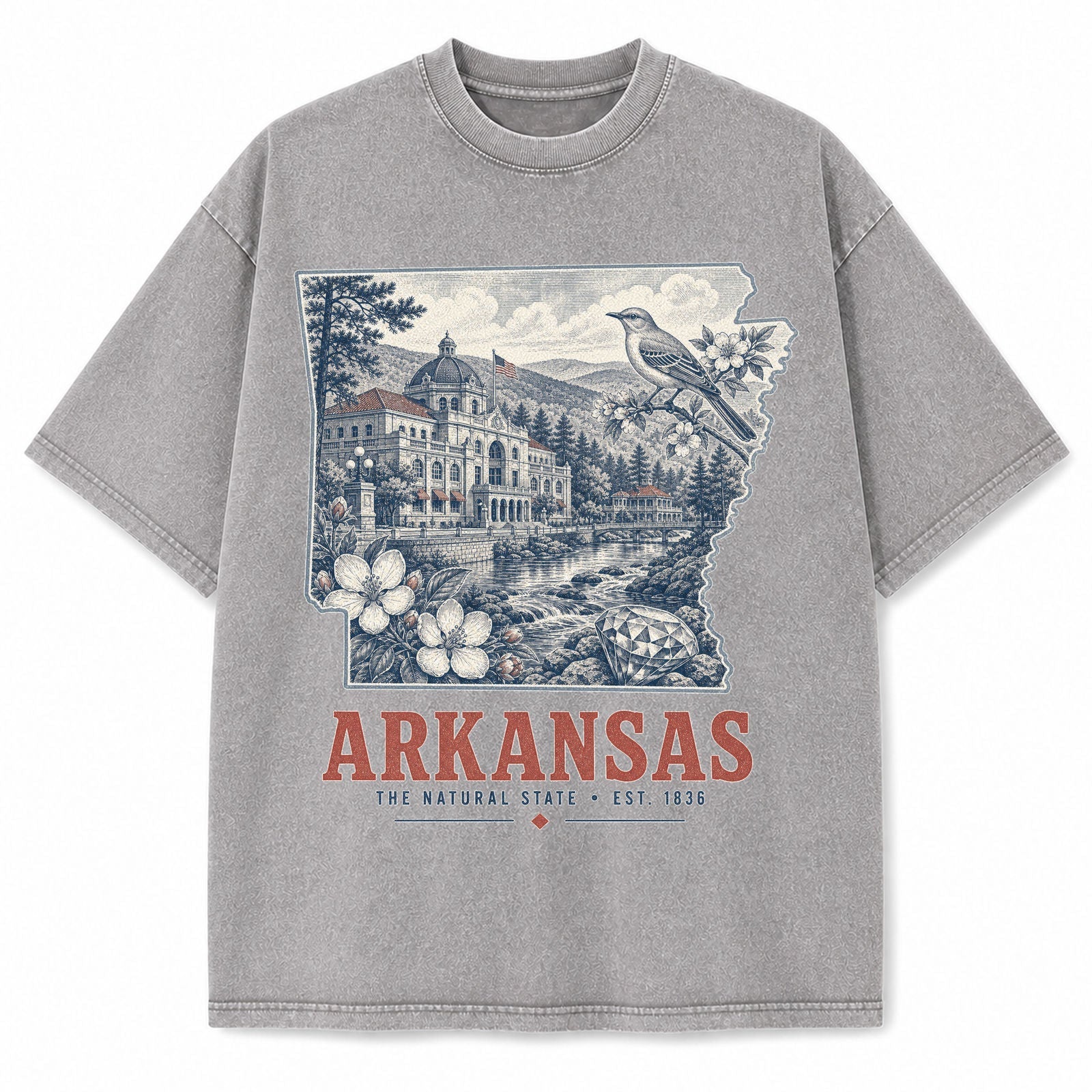 Vintage Washed Arkansas Mockingbird Graphic Tee in Light Gray, front view on a white background