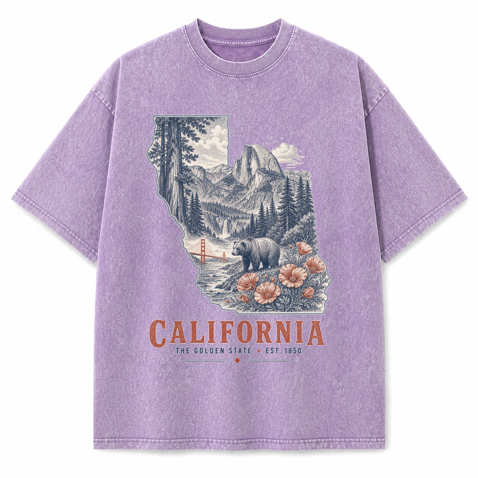 Vintage Washed California Yosemite Bear Graphic Tee in Purple, front view on a white background
