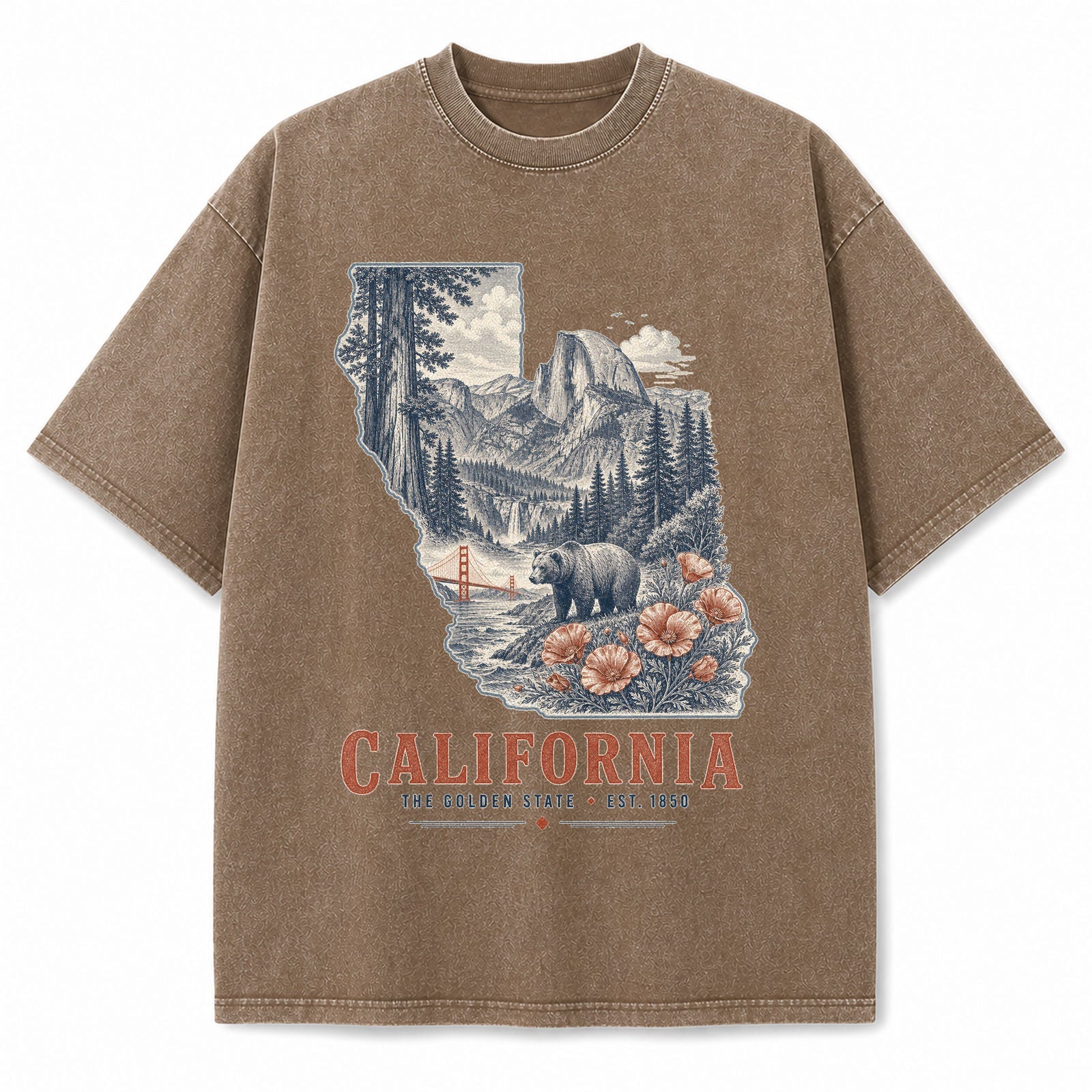 Vintage Washed California Yosemite Bear Graphic Tee in Brown, front view on a white background