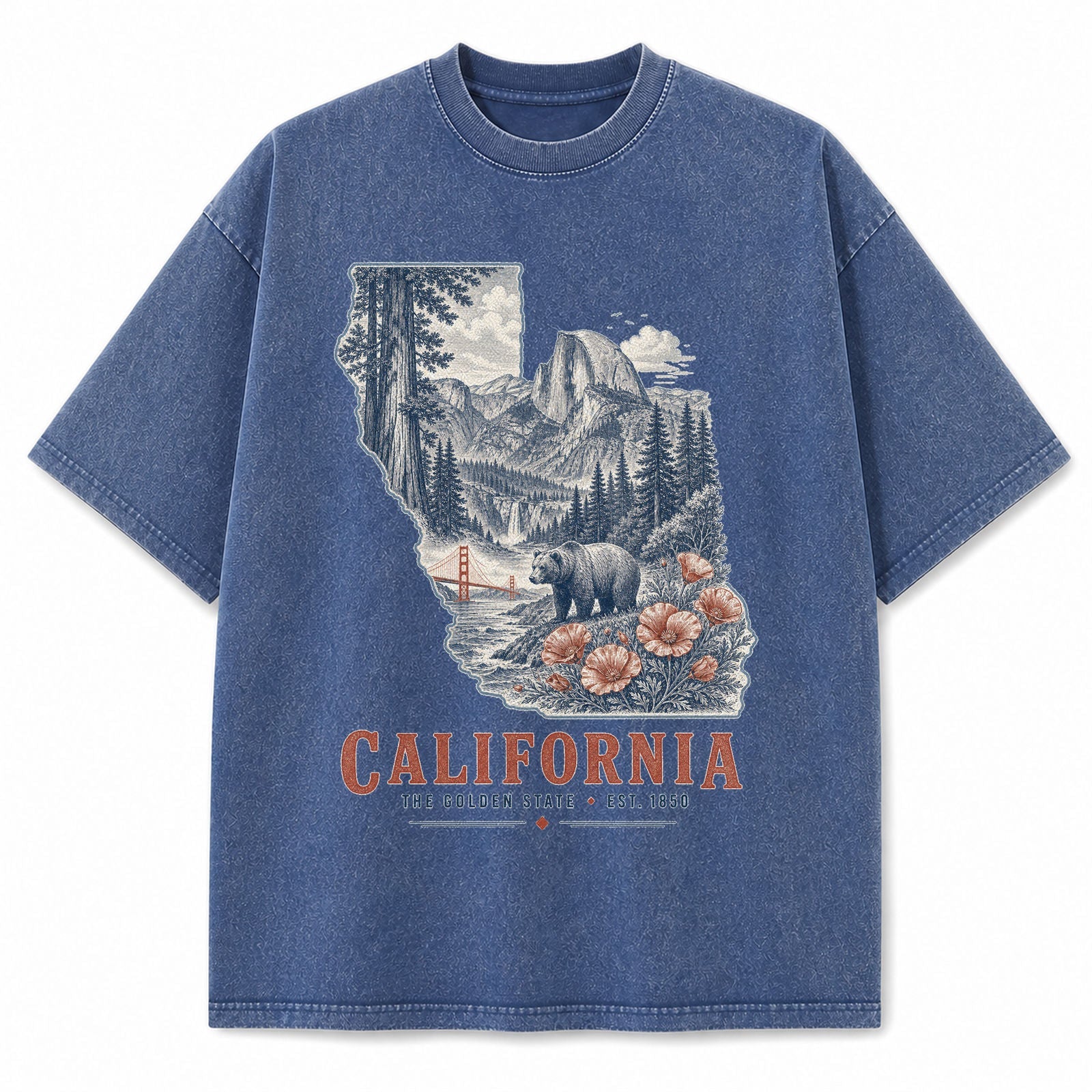 Vintage Washed California Yosemite Bear Graphic Tee in Blue, front view on a white background