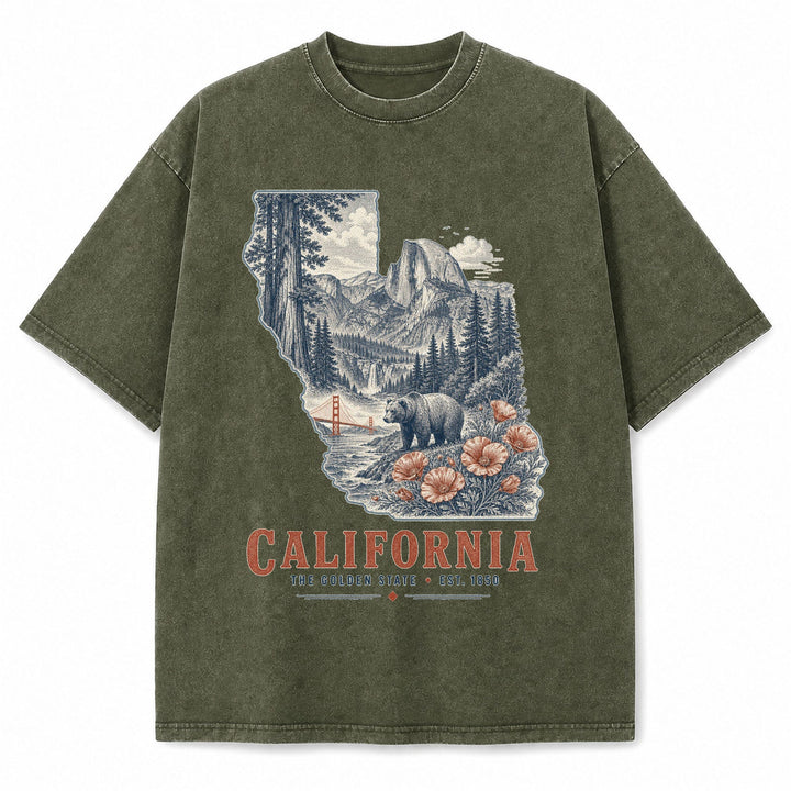 Vintage Washed California Yosemite Bear Graphic Tee in Military Green, front view on a white background
