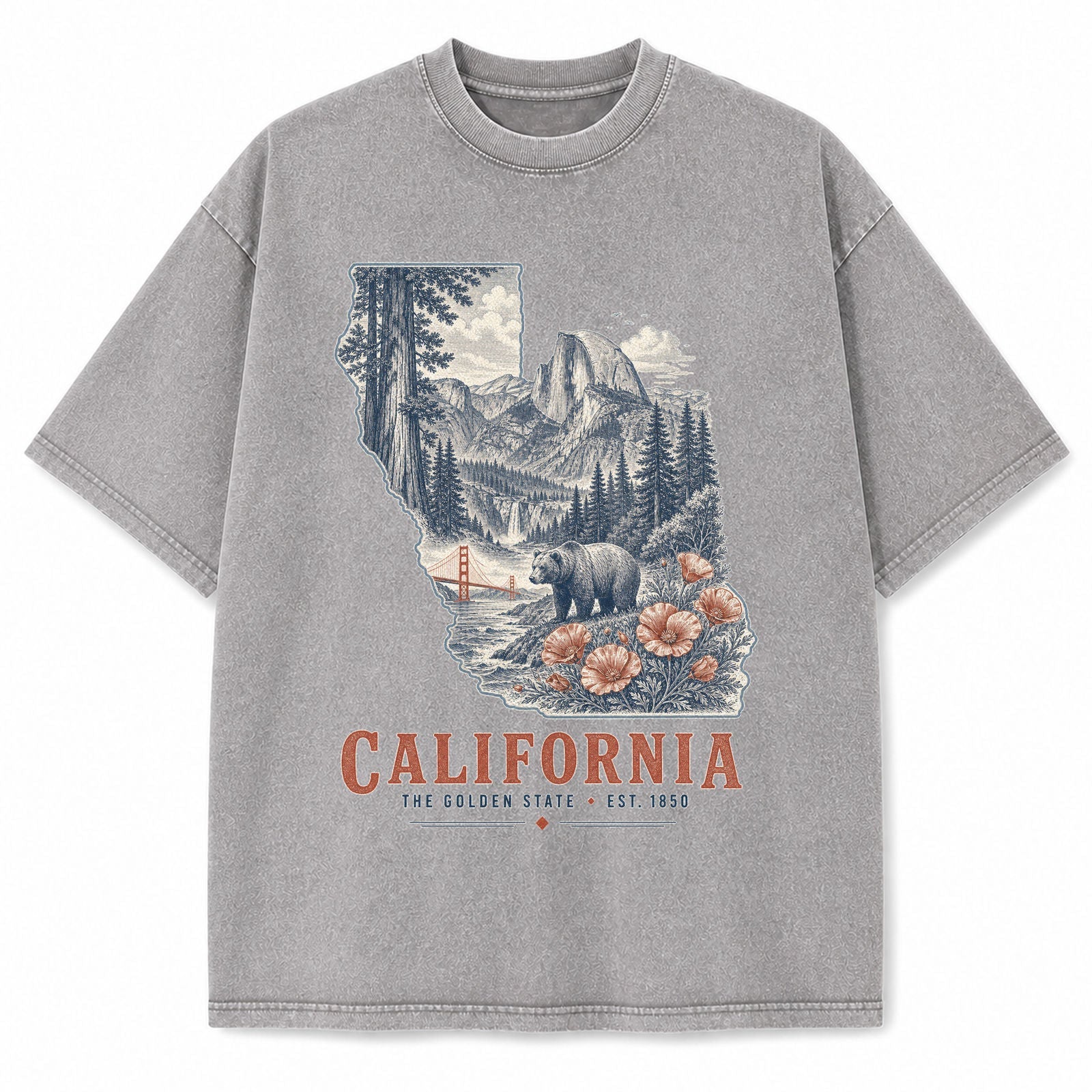 Vintage Washed California Yosemite Bear Graphic Tee in Light Gray, front view on a white background