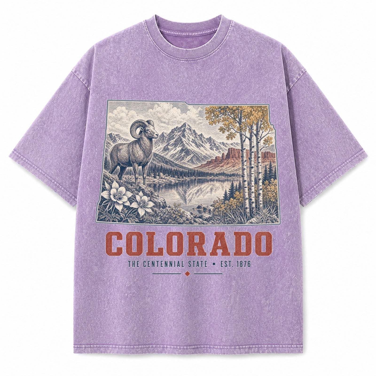 Vintage Washed Colorado Bighorn Mountain Graphic Tee in Purple, front view on a white background