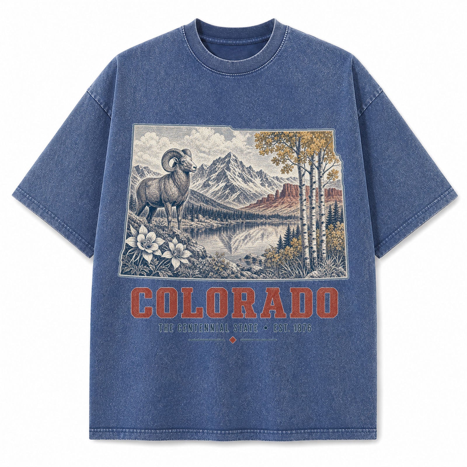Vintage Washed Colorado Bighorn Mountain Graphic Tee in Blue, front view on a white background