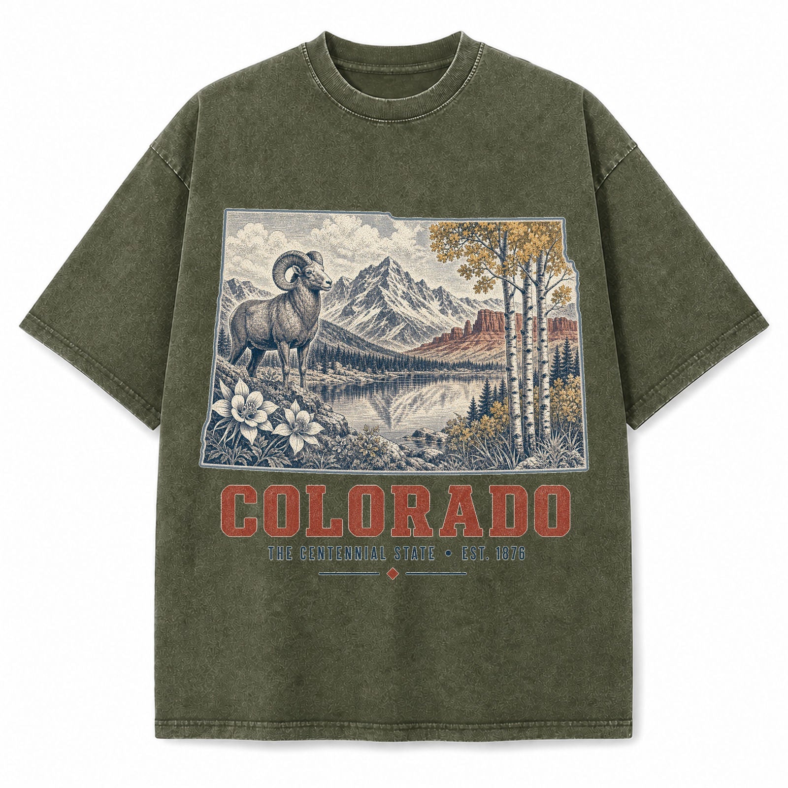 Vintage Washed Colorado Bighorn Mountain Graphic Tee in Military Green, front view on a white background
