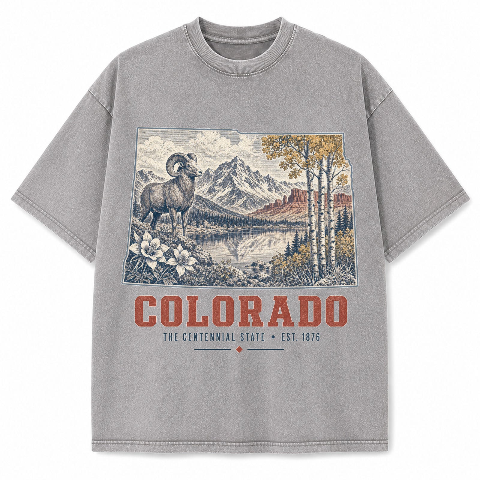 Vintage Washed Colorado Bighorn Mountain Graphic Tee in Light Gray, front view on a white background