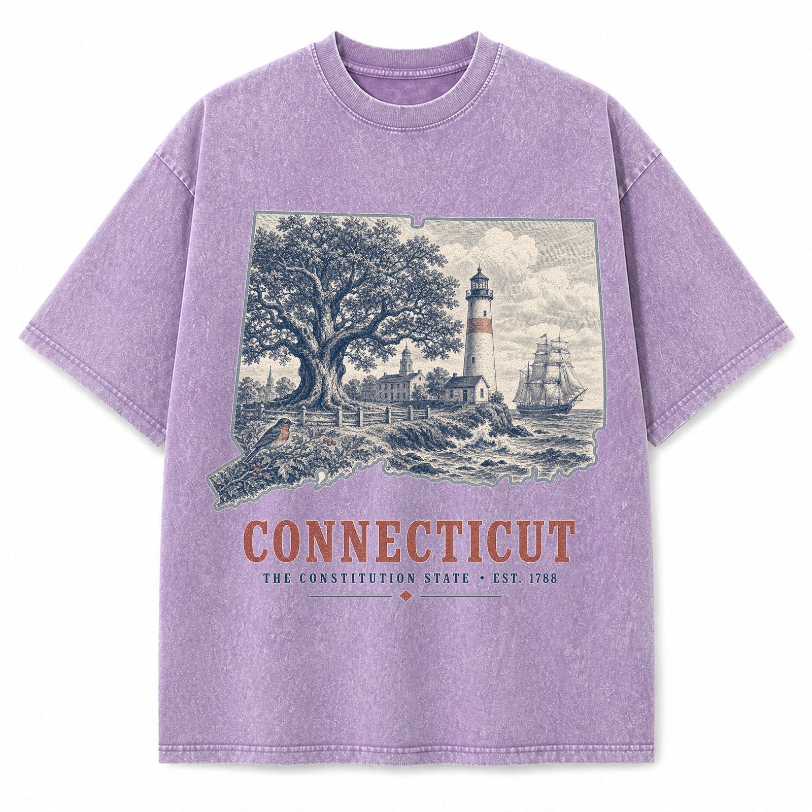 Vintage Washed Connecticut Lighthouse Graphic Tee in Purple, front view on a white background