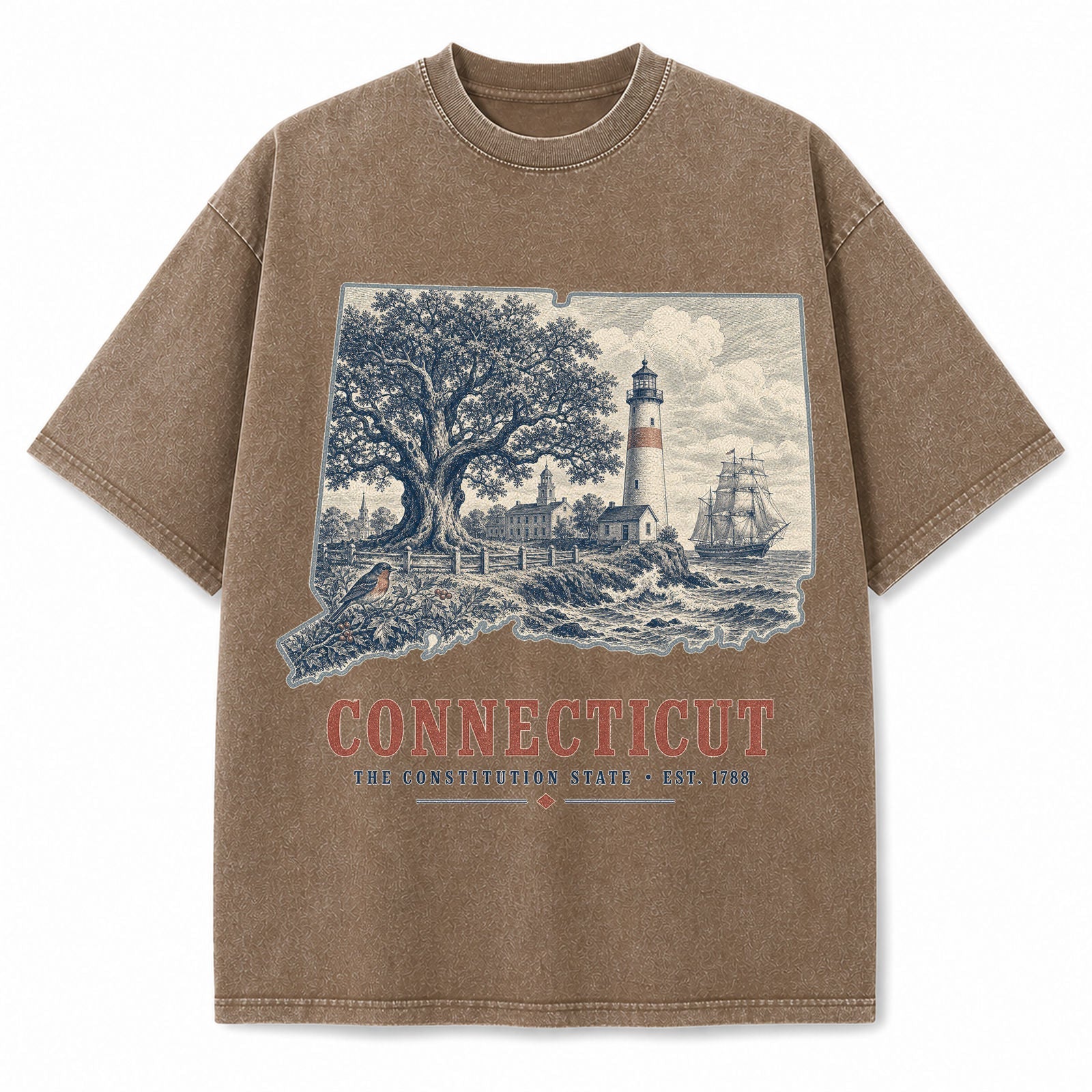 Vintage Washed Connecticut Lighthouse Graphic Tee in Brown, front view on a white background