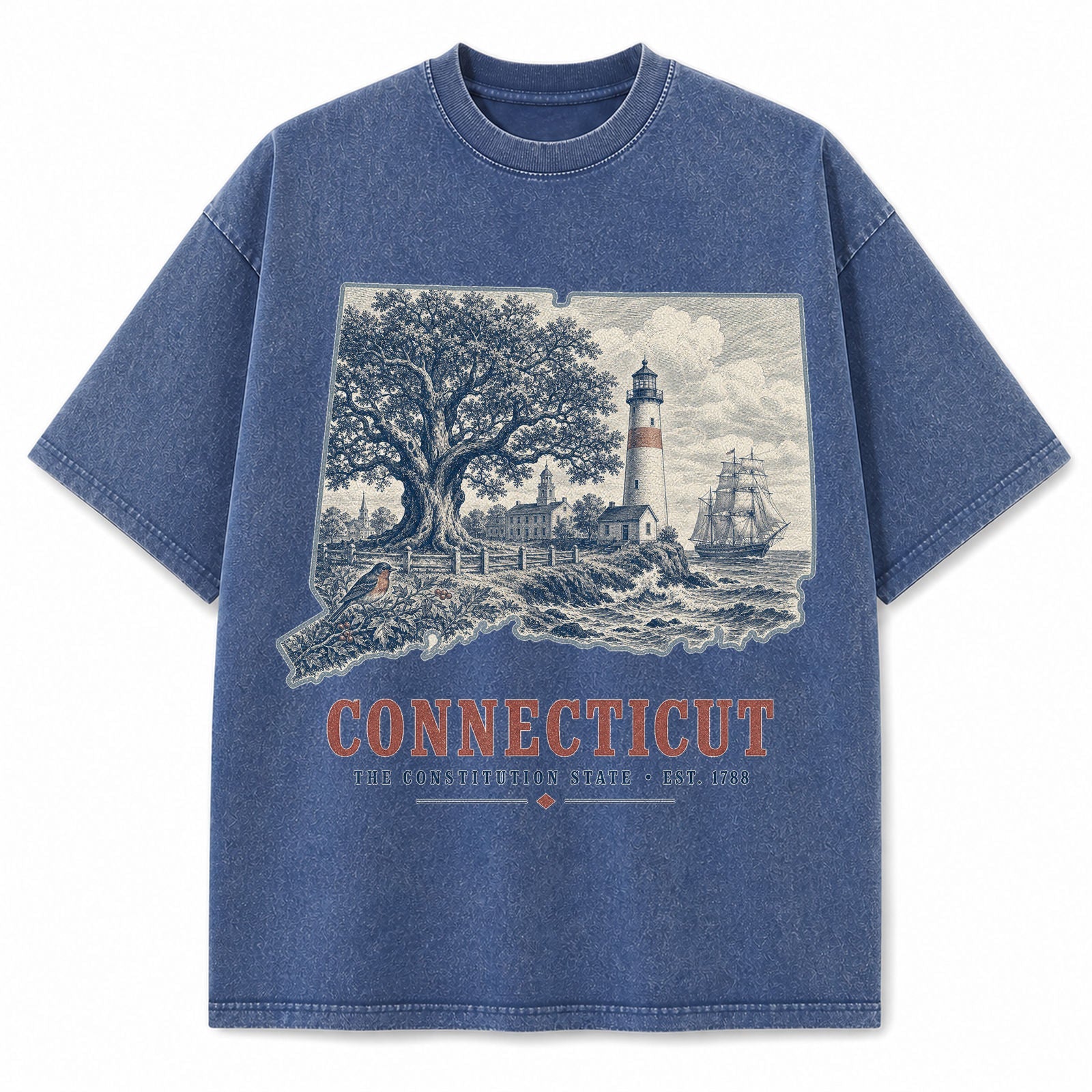 Vintage Washed Connecticut Lighthouse Graphic Tee in Blue, front view on a white background