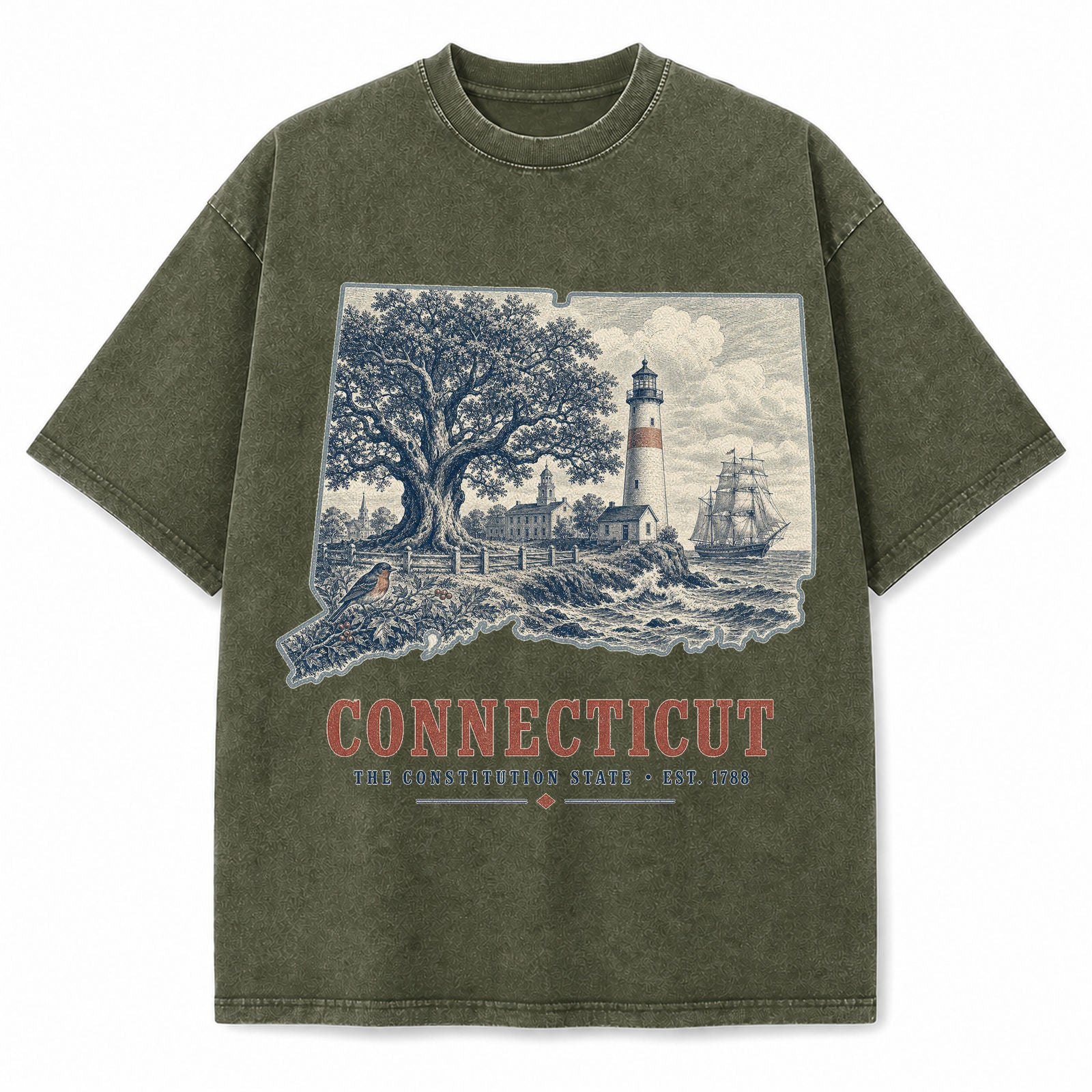 Vintage Washed Connecticut Lighthouse Graphic Tee in Military Green, front view on a white background