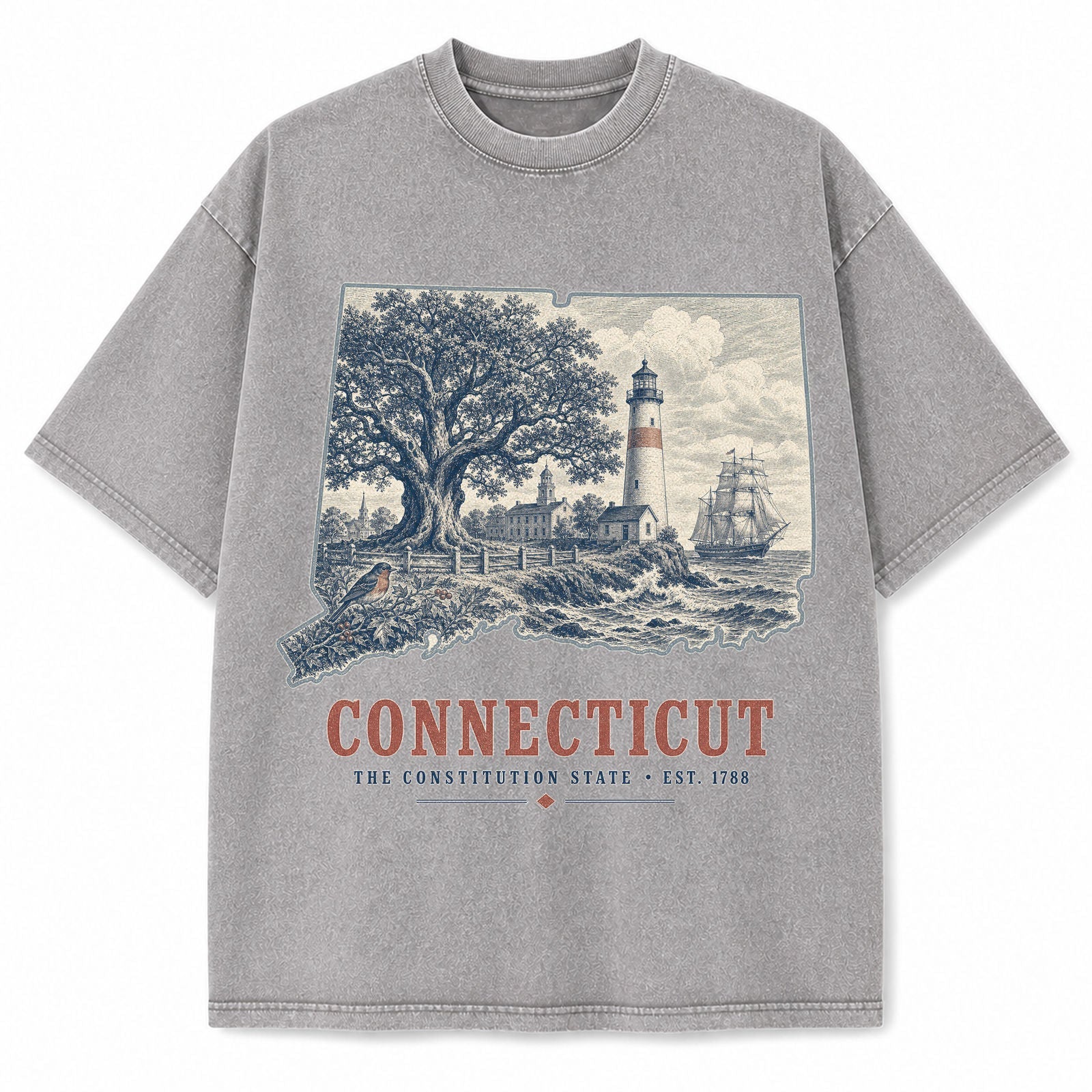 Vintage Washed Connecticut Lighthouse Graphic Tee in Light Gray, front view on a white background