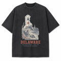 Vintage Washed Delaware Lighthouse Graphic Tee in Black, front view on a white background