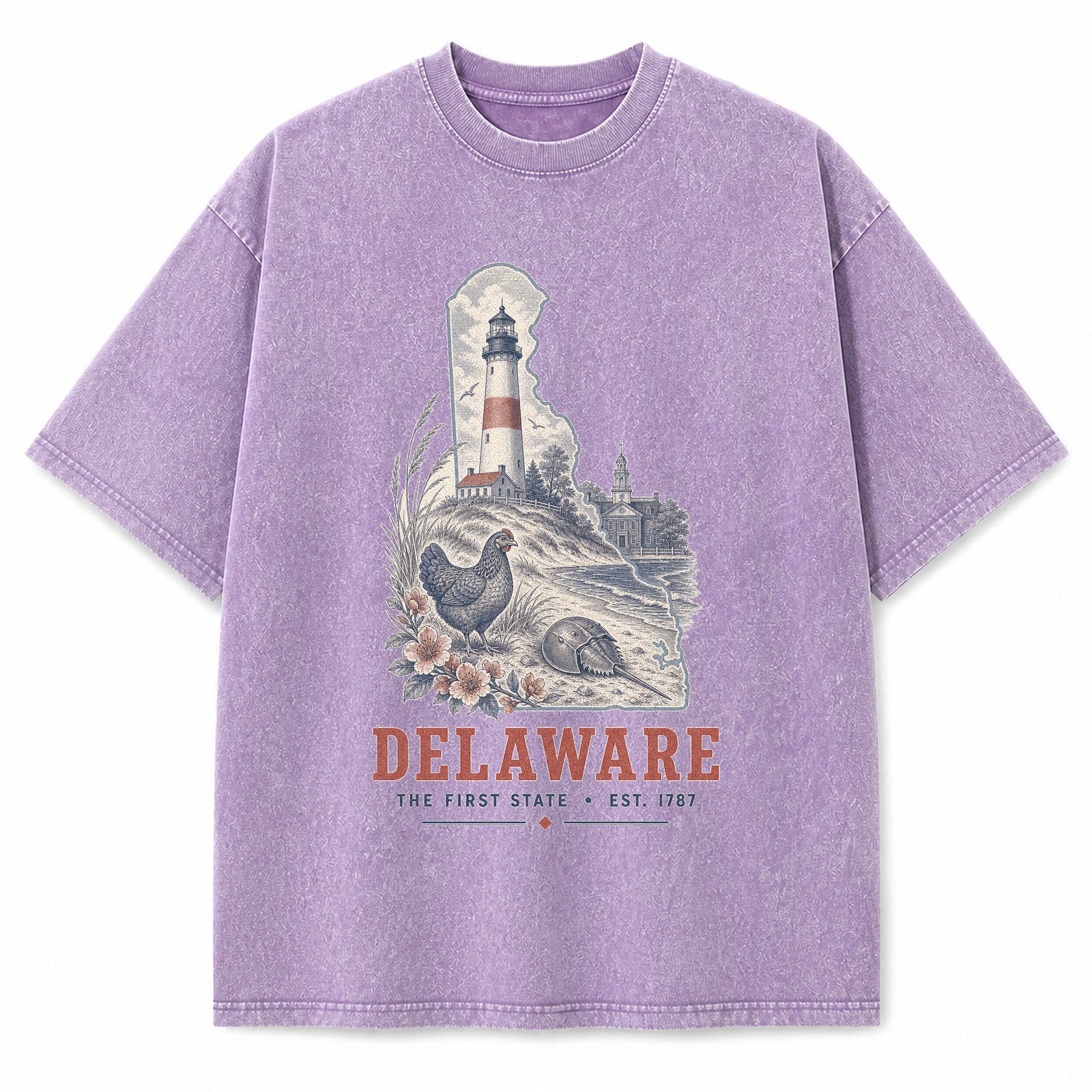 Vintage Washed Delaware Lighthouse Graphic Tee in Purple, front view on a white background