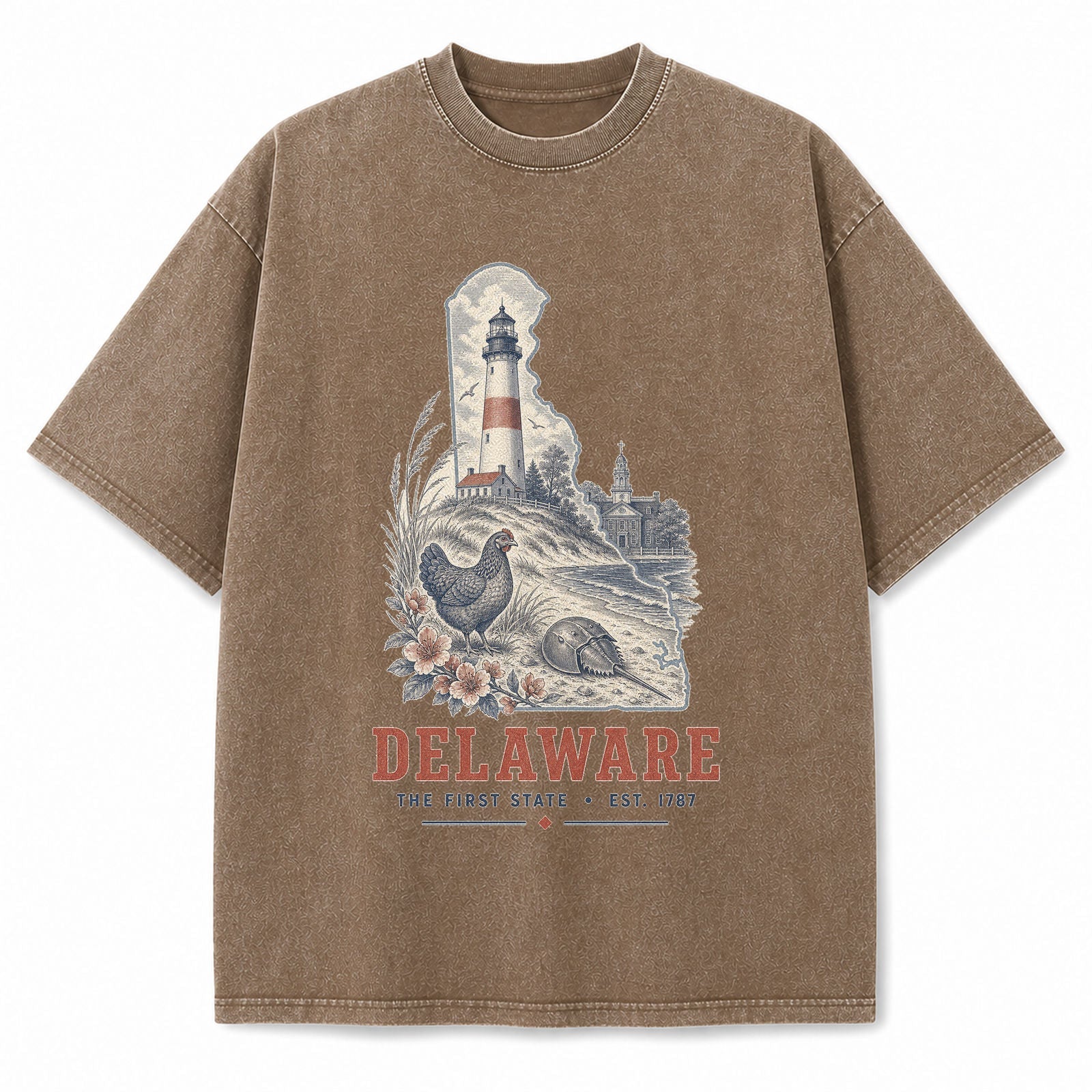 Vintage Washed Delaware Lighthouse Graphic Tee in Brown, front view on a white background