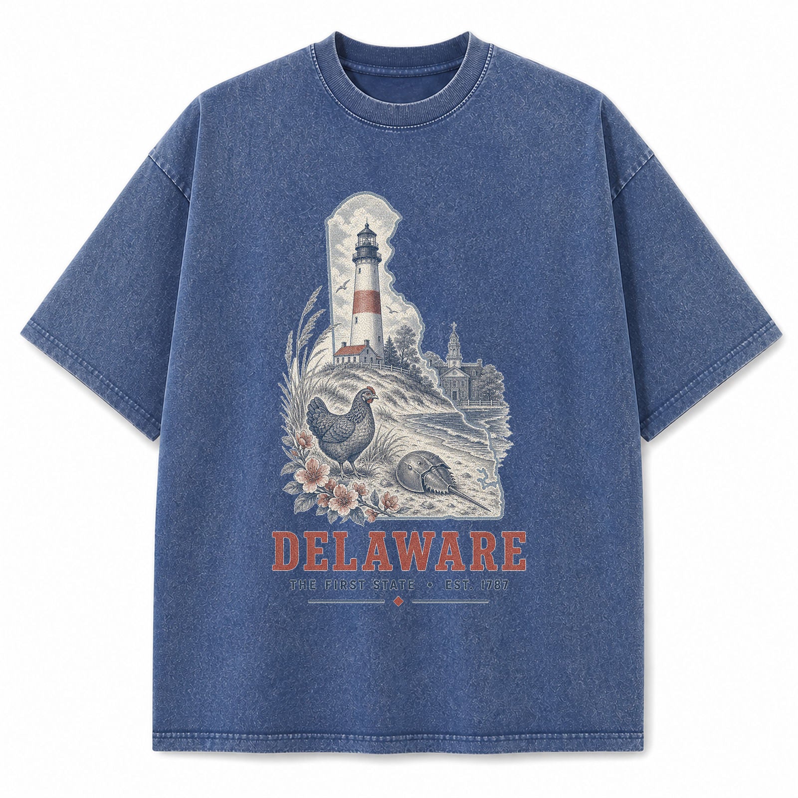 Vintage Washed Delaware Lighthouse Graphic Tee in Blue, front view on a white background